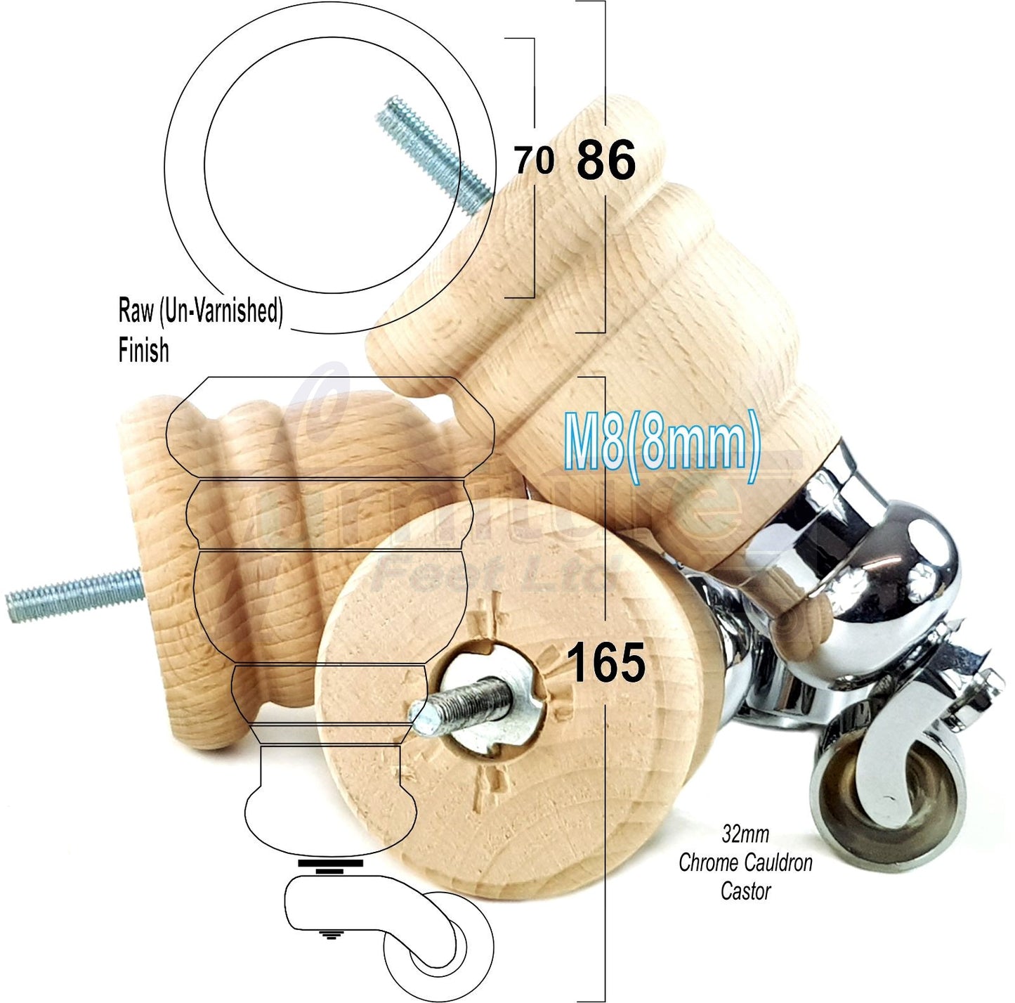 4 Turned Wood Furniture Feet With Chrome Cauldron Castors 155mm Legs Sofas Chairs Stools Cabinets Beds M8 6 Inches