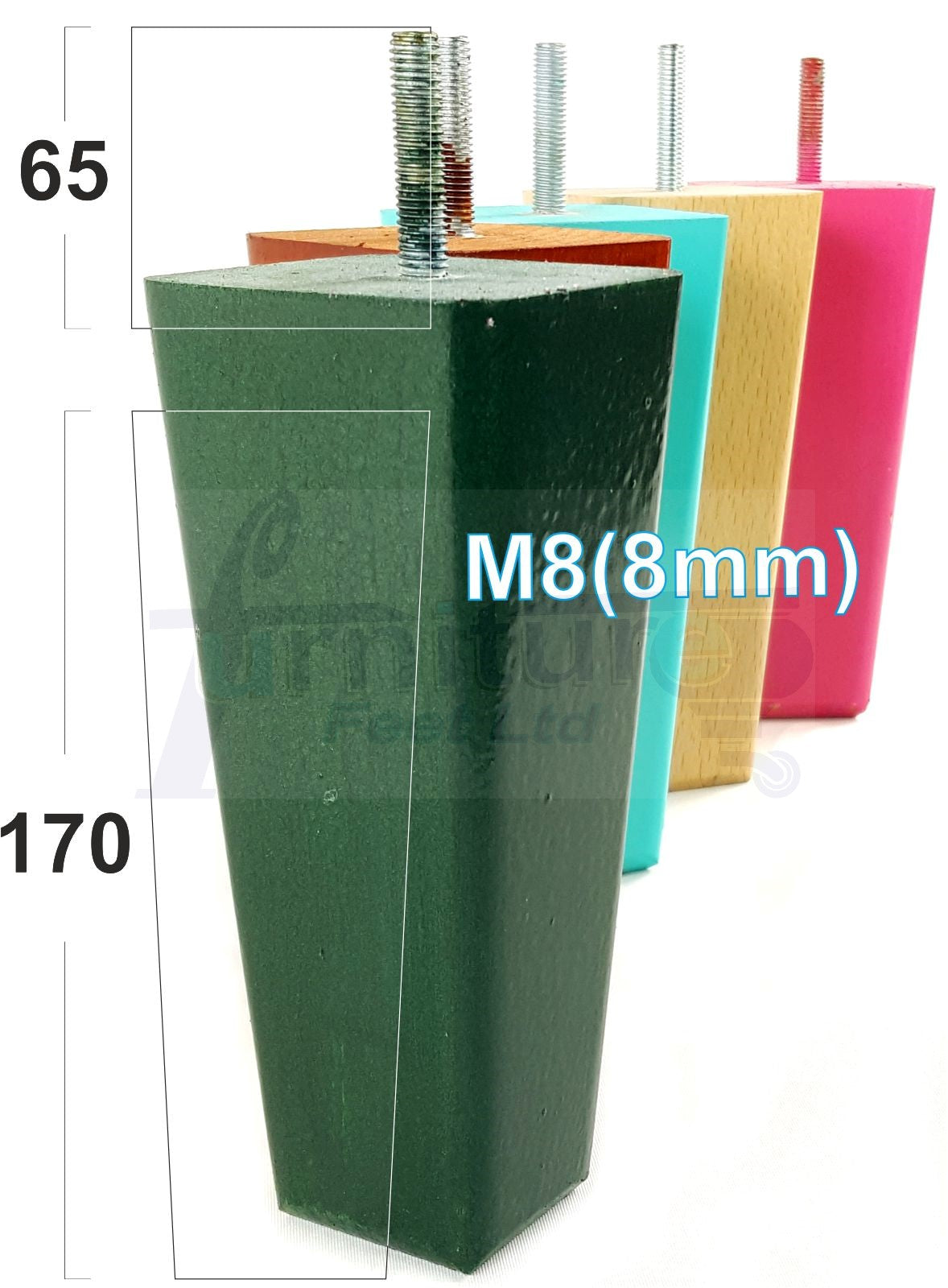 4x Wooden Furniture Legs 170mm High Replacement Square Tapered Feet 8mm