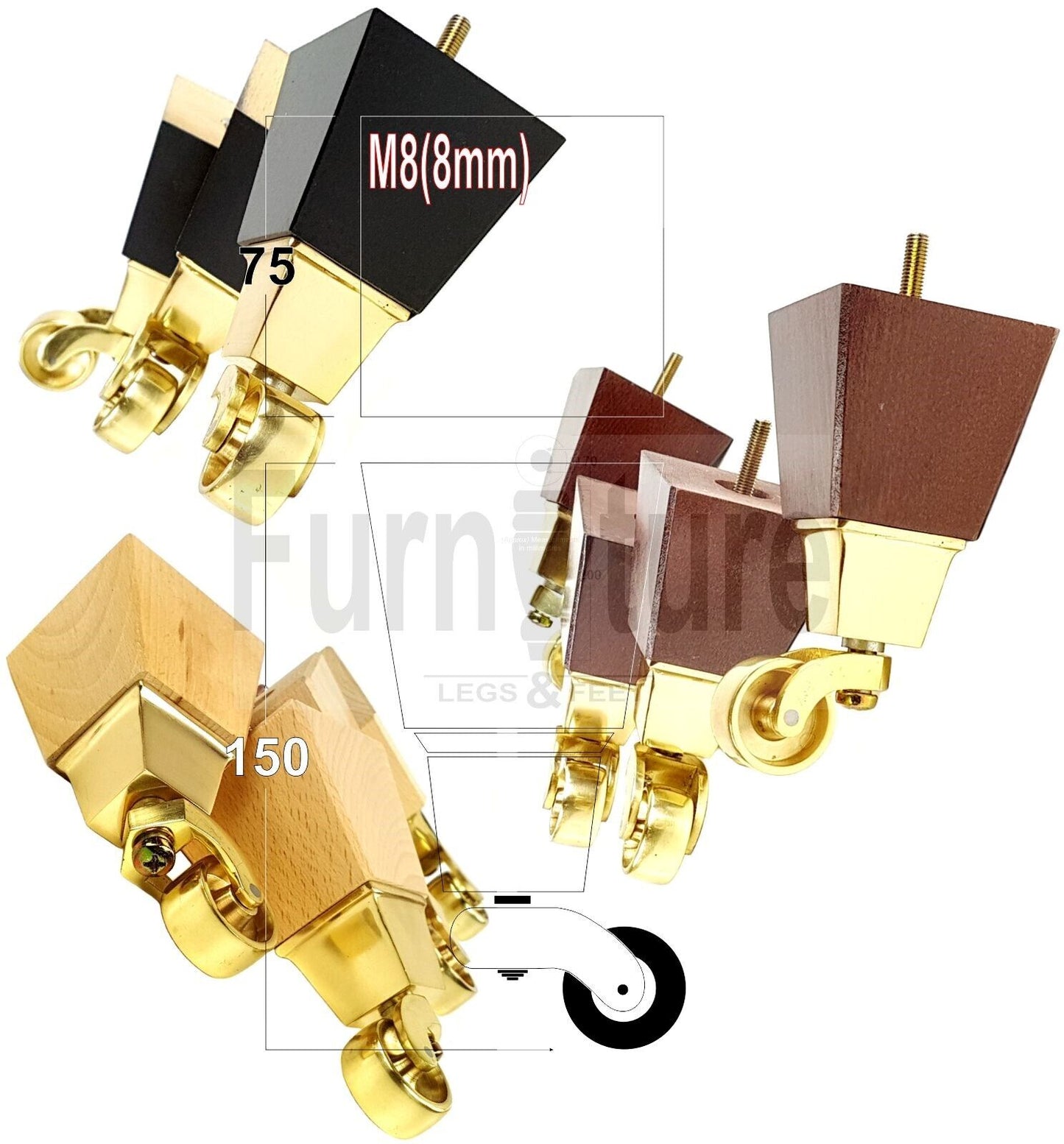 4x Block Wood Furniture Legs With Brass Castors For Sofa Chairs Settees 8mm Thread 150mm High