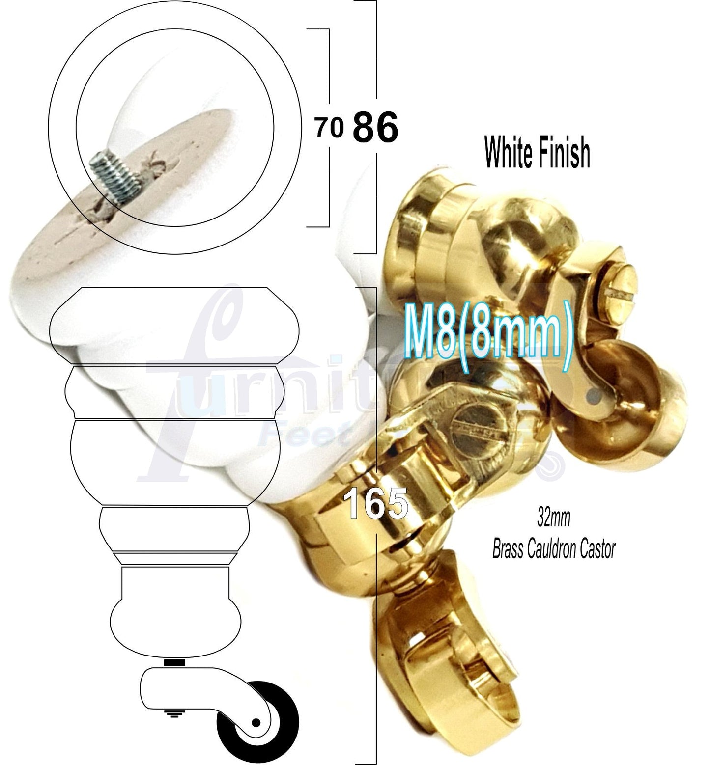 4 Turned Wood Furniture Feet With Brass Cauldron Castors 160mm Legs Sofas Chairs Stools Cabinets Beds M8 6 Inches