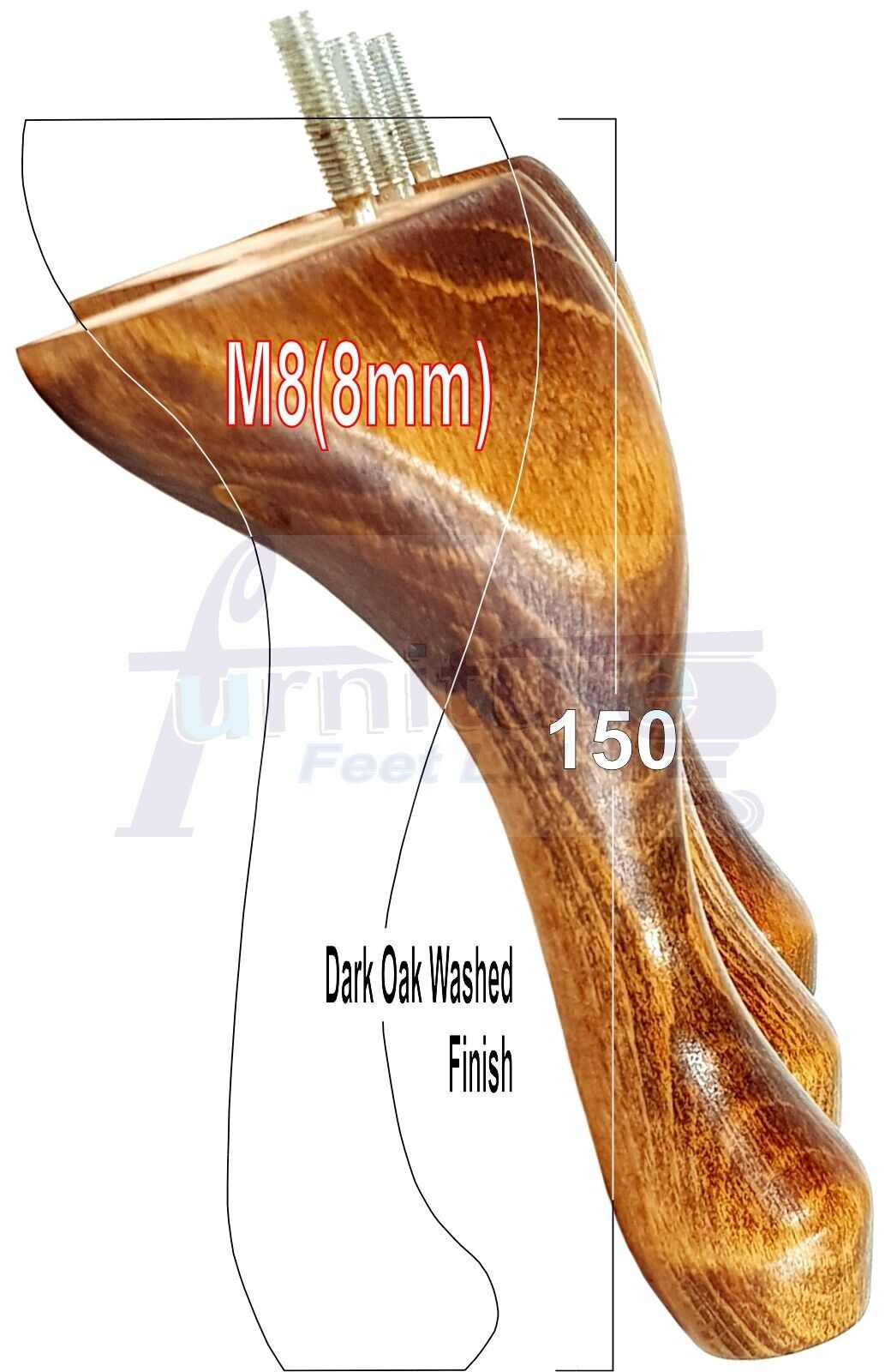4 Solid Wood Furniture Feet 150mm High Queen Anne Replacement Legs M8 (8mm) 6 Inches Chair Stools Bed Sofa Georgian Style