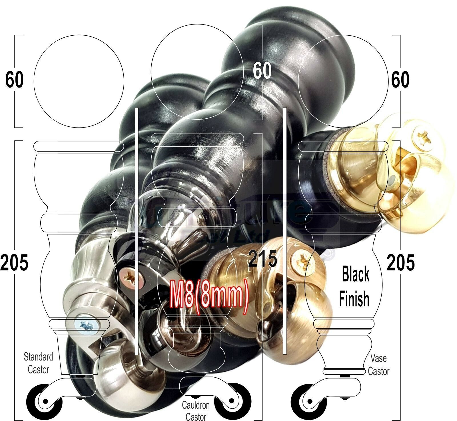 4x Furniture Feet With Castor 205mm High Legs Black Wood M8 Sofas Chairs Stools Cabinets 8 Inches Tall