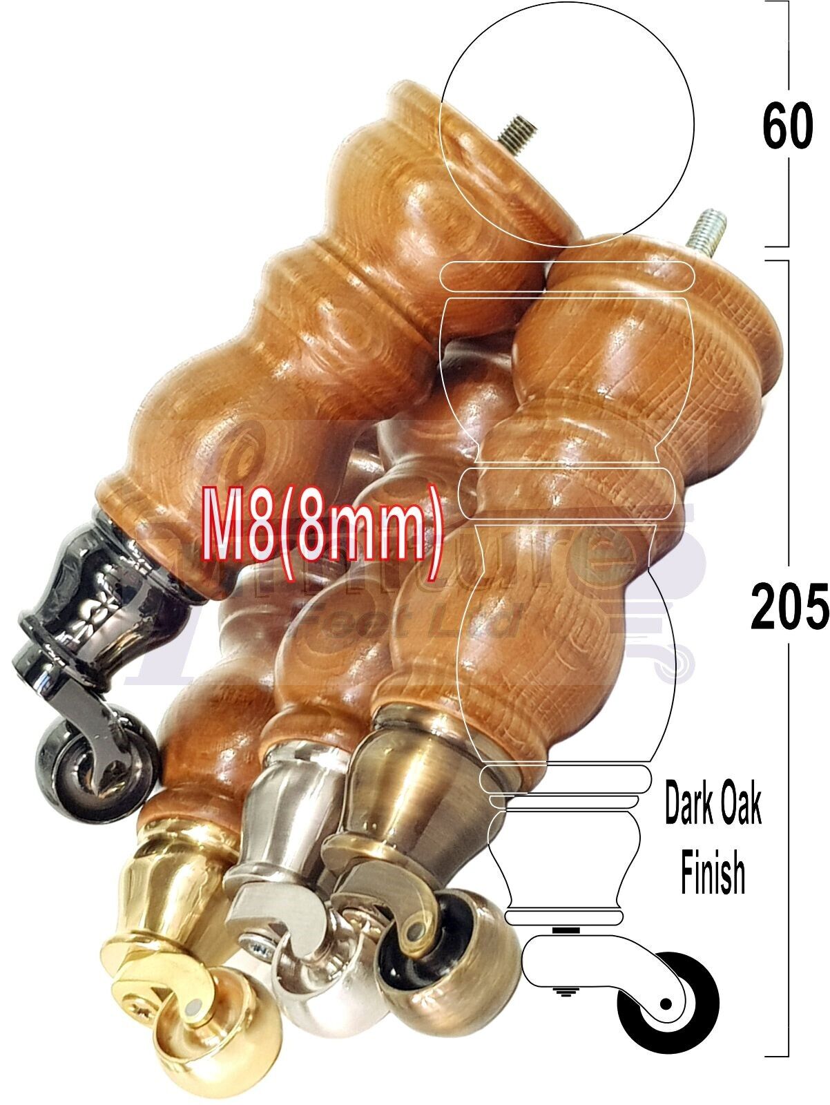 4x Furniture Feet With Castor 205mm High Legs Dark Oak Wood M8 Sofas Chairs Stools Cabinets 8 Inches Tall