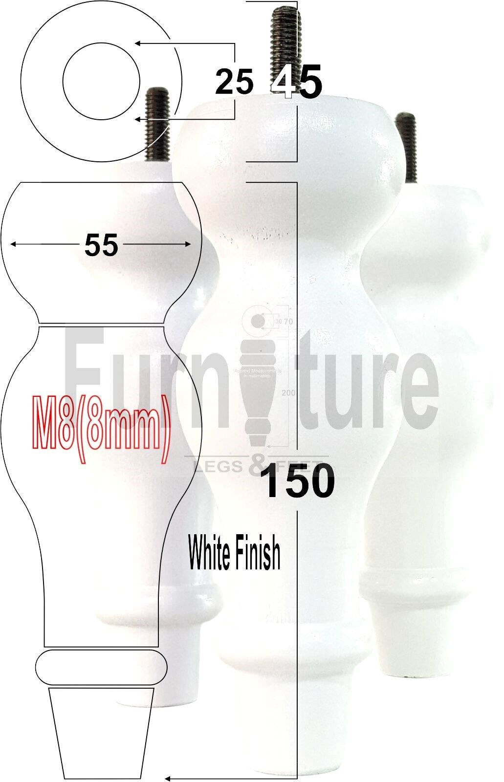 Set Of 4 Solid Wood Turned Furniture Feet Replacement Legs 150mm High 8mm Thread