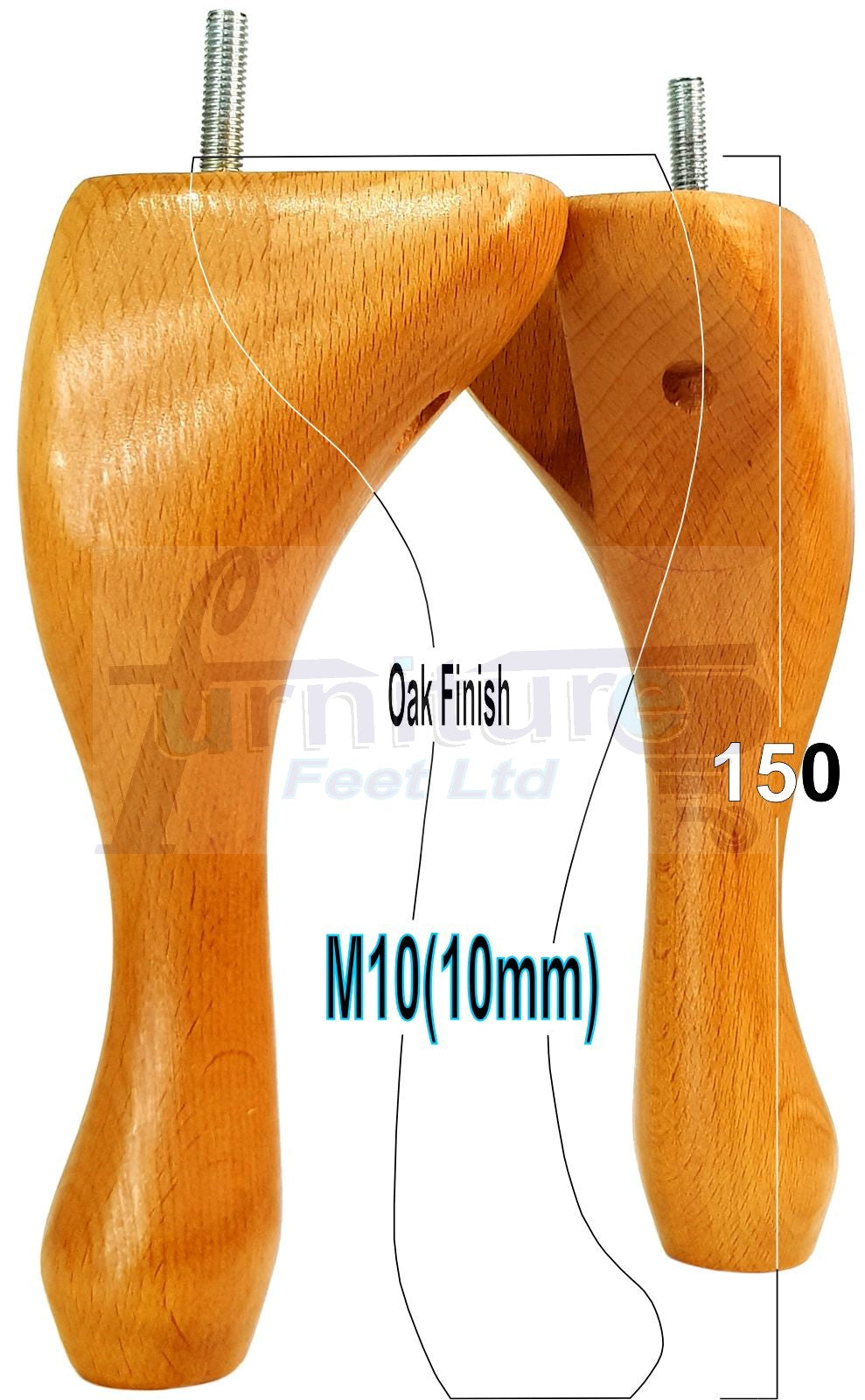 4 Solid Wood Furniture Feet 150mm High Queen Anne Replacement Legs Chairs Settees Beds Sofas M10 Thread