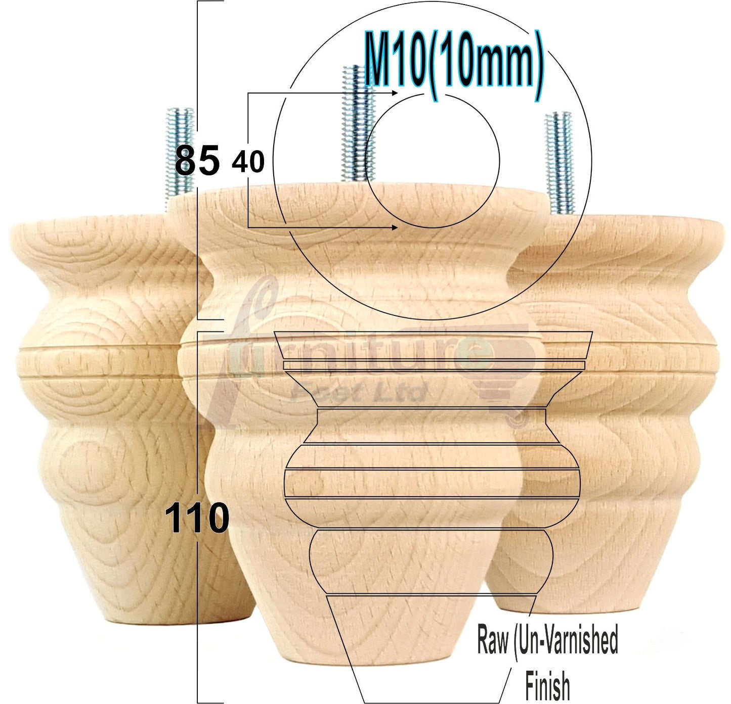 4 Turned Wood Furniture Legs Replacement Feet 110mm High Chairs Stools Sofa's Beds Settee M10 Thread