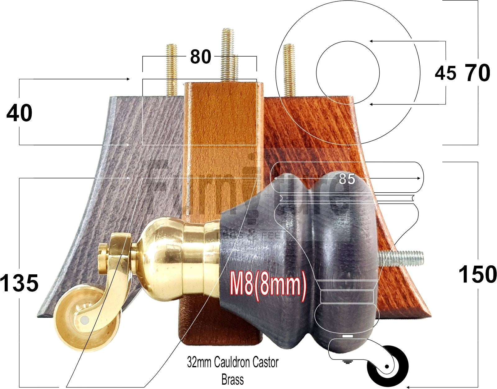 Turned Wood Furniture Feet 2 With Brass Castors 150mm & 2 Curved Back Legs Sofas Chairs Cabinets Beds M8
