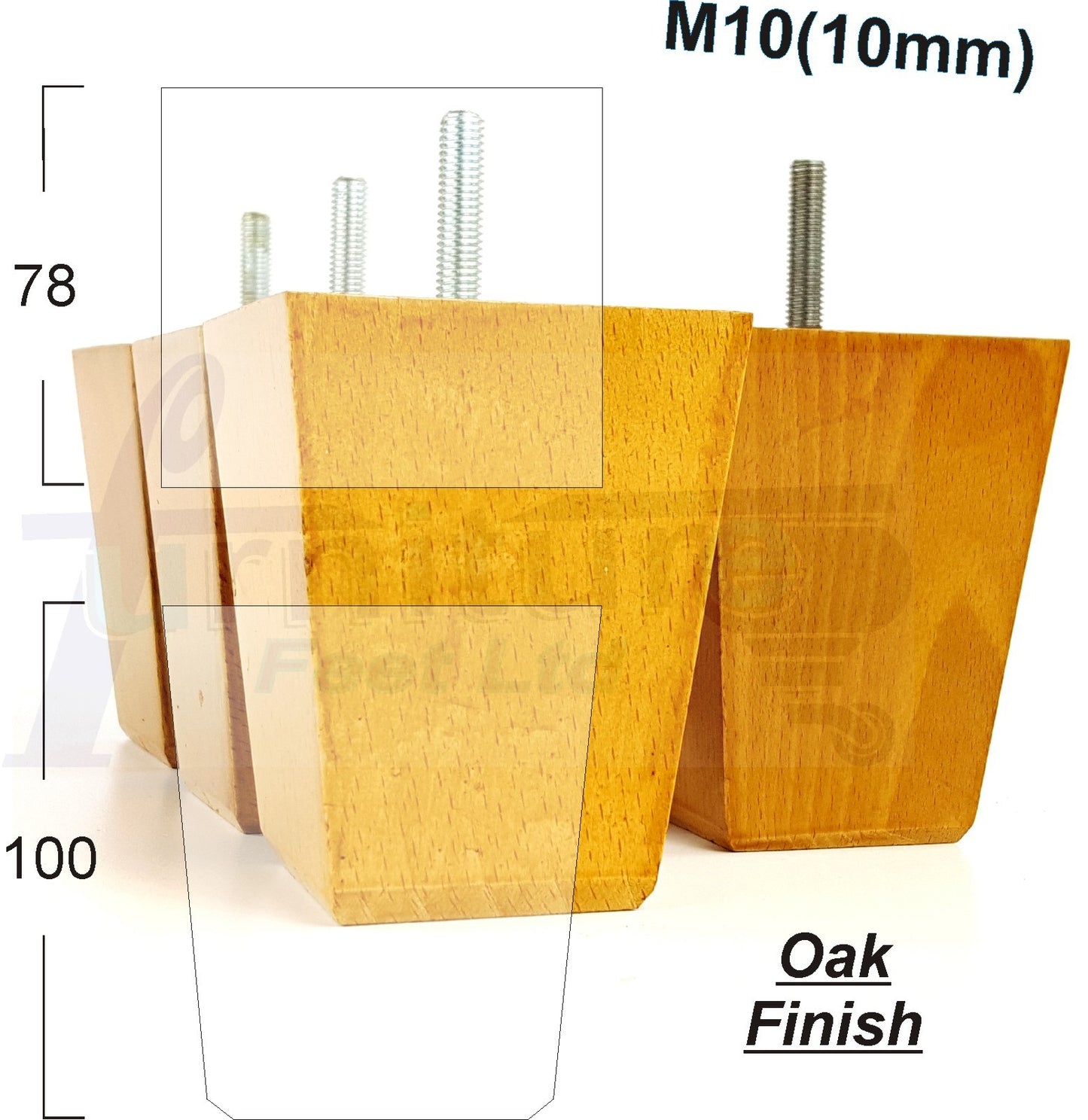 Set Of 4 Square Block Solid Wood Furniture Feet Replacement Legs 100mm High M10 Thread