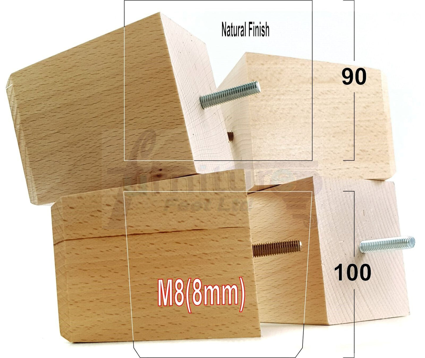 4x Solid Wood Square Furniture Legs Block Replacement Feet 100mm M8(8mm)