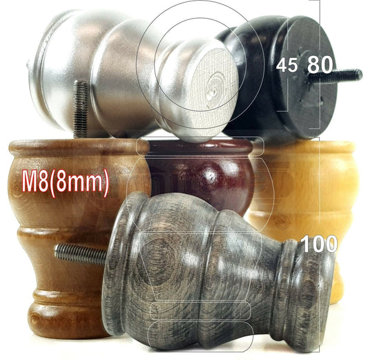 4 Turned Wood Furniture Chair Legs M8 Replacement Sofa Settee Chair Bed Feet 100mm High