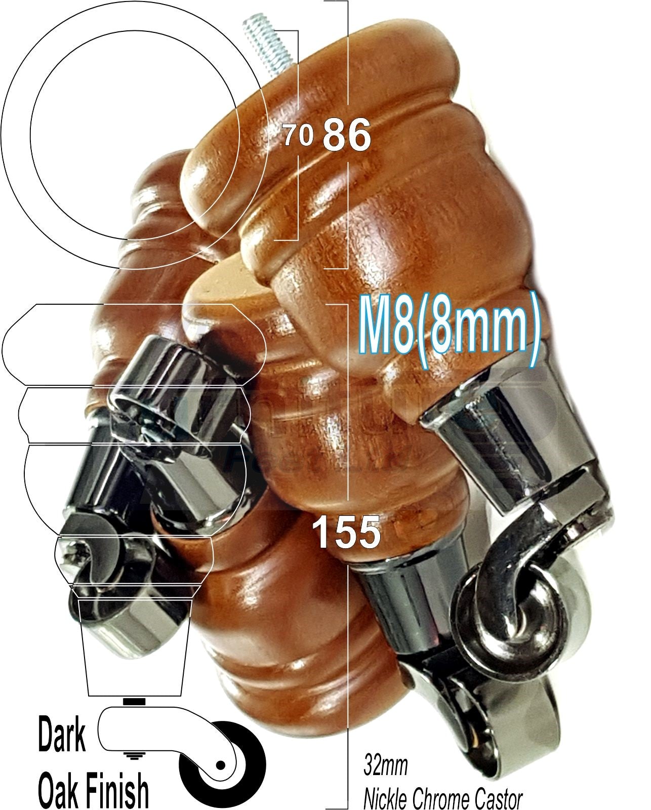 4 Turned Wood Furniture Feet With Black Chrome Castors 155mm Legs Sofas Chairs Stools Cabinets Beds M8 6 Inches