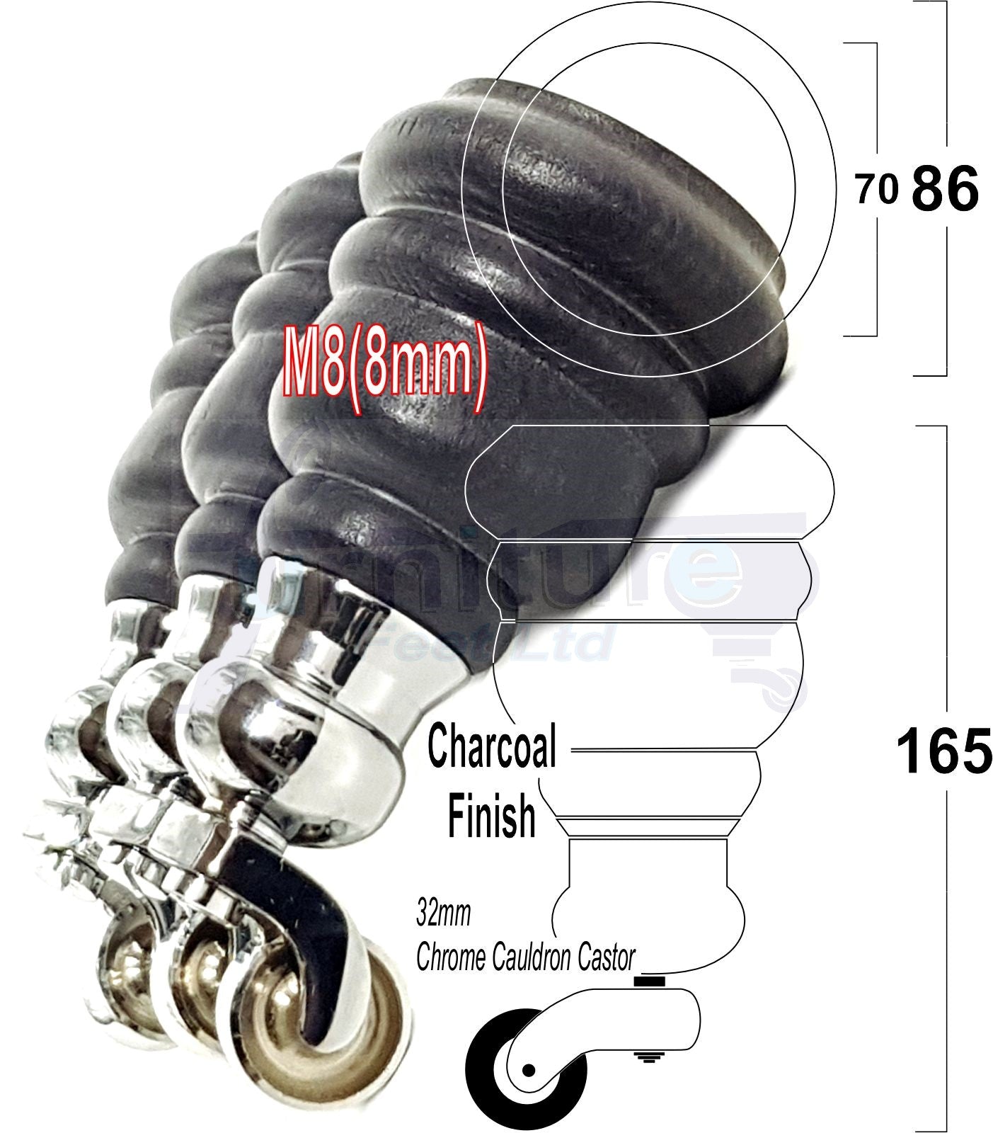 4 Turned Wood Furniture Feet With Chrome Cauldron Castors 155mm Legs Sofas Chairs Stools Cabinets Beds M8 6 Inches
