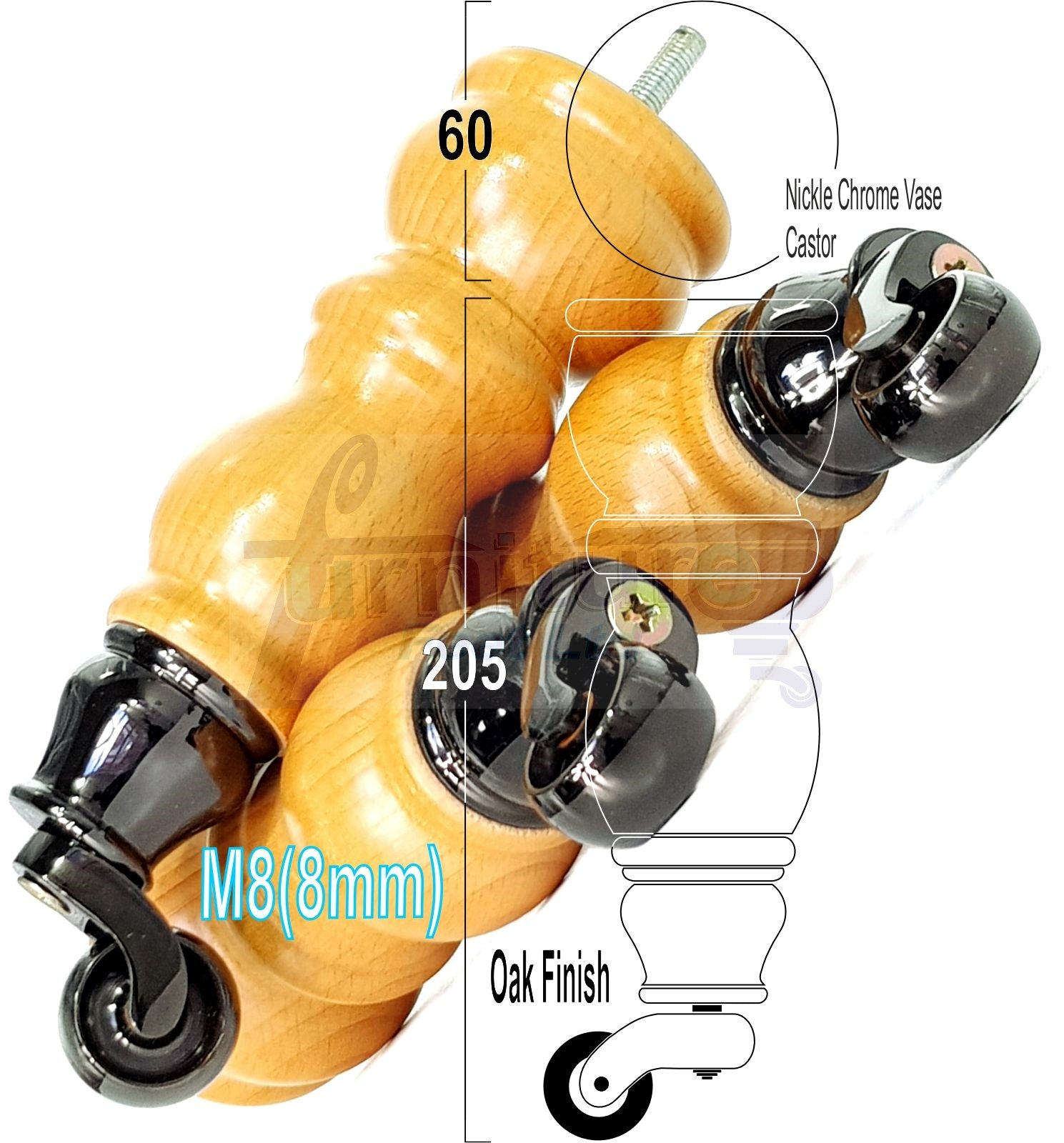 Solid Wood Furniture Feet With Castors Set of 4 Legs 205mm High For Sofas Chairs Stools Cabinets & Beds M8