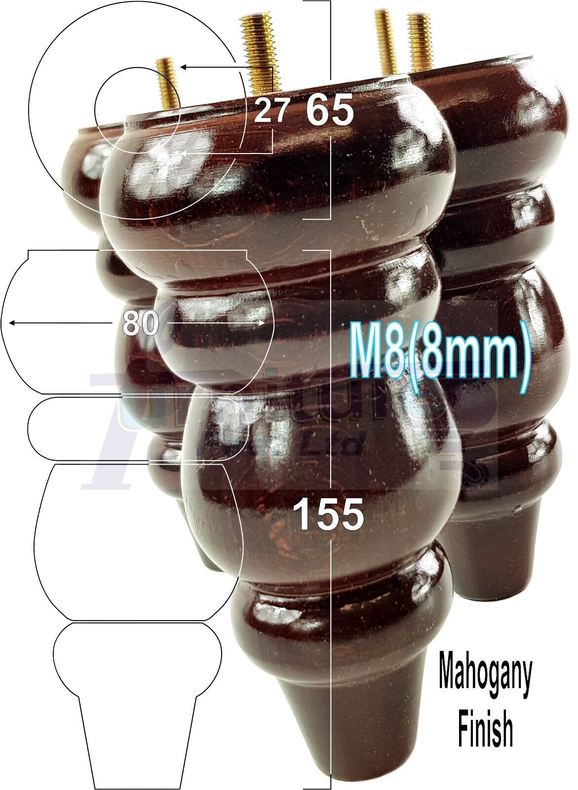 4 Solid Turned Wood Furniture Sofa Leg M8 Chair Settee Footstool Feet 155mm High