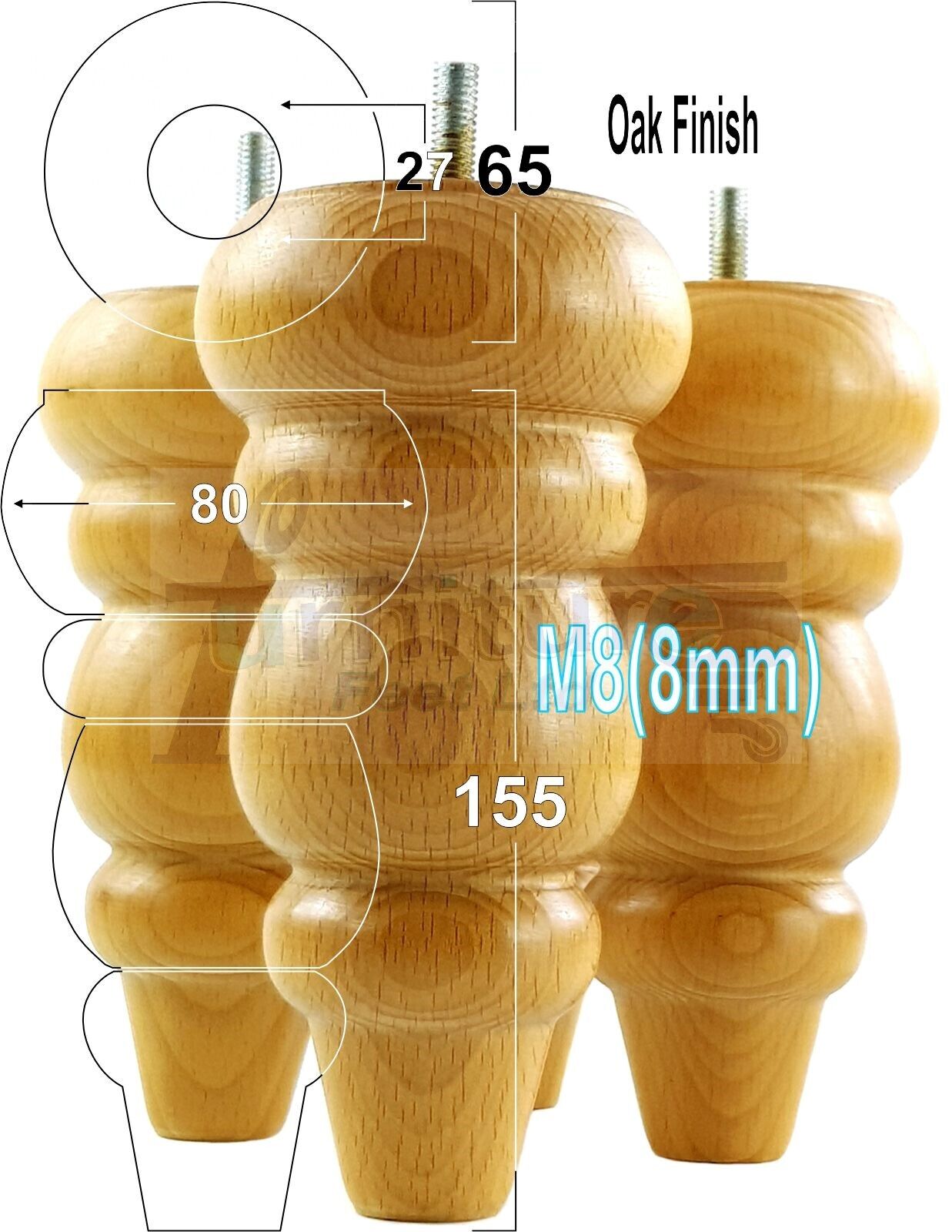 4 Solid Turned Wood Furniture Sofa Leg M8 Chair Settee Footstool Feet 155mm High