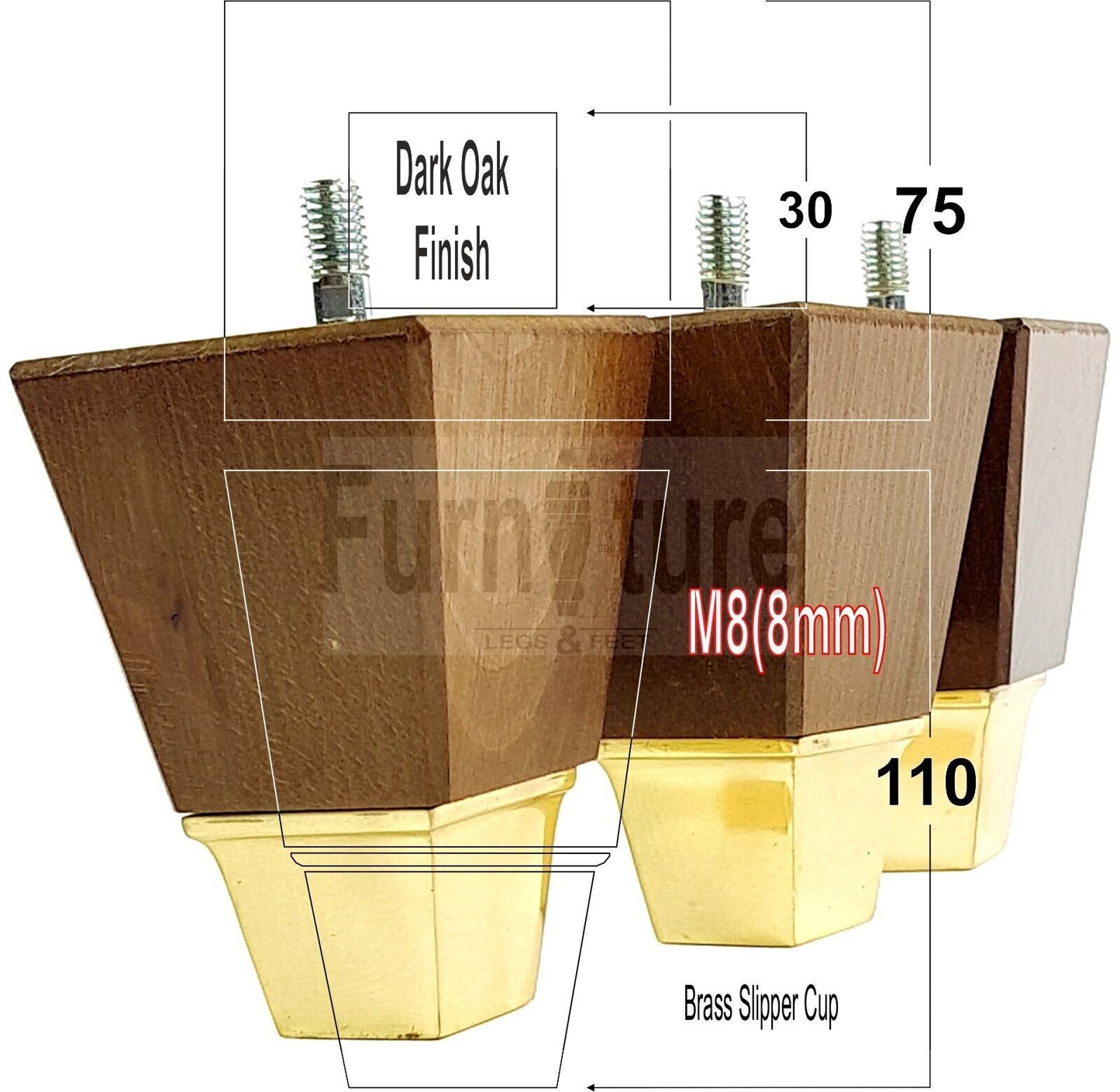4x Block Wood With A Brass Slipper Cup Furniture Chair Settee Legs M8 Sofa Feet 110mm