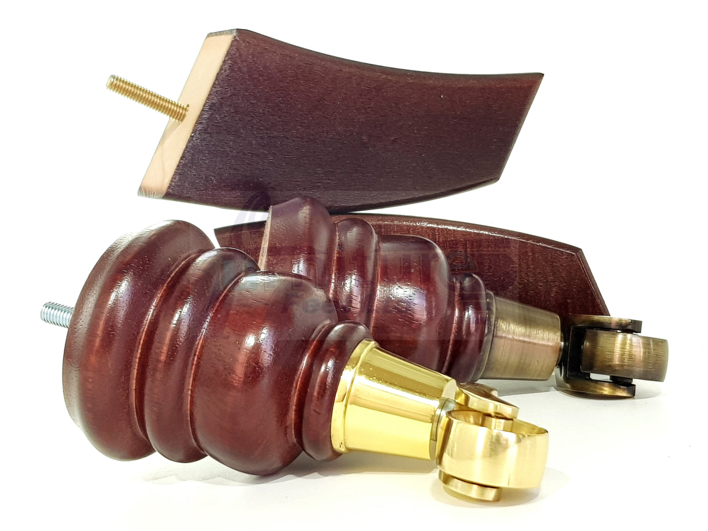 Mahogany Turned Wood Furniture Feet 2 With Castors 155mm and 2 Curved Back Legs Sofas Chairs Stools Cabinets Beds M8 6 Inches