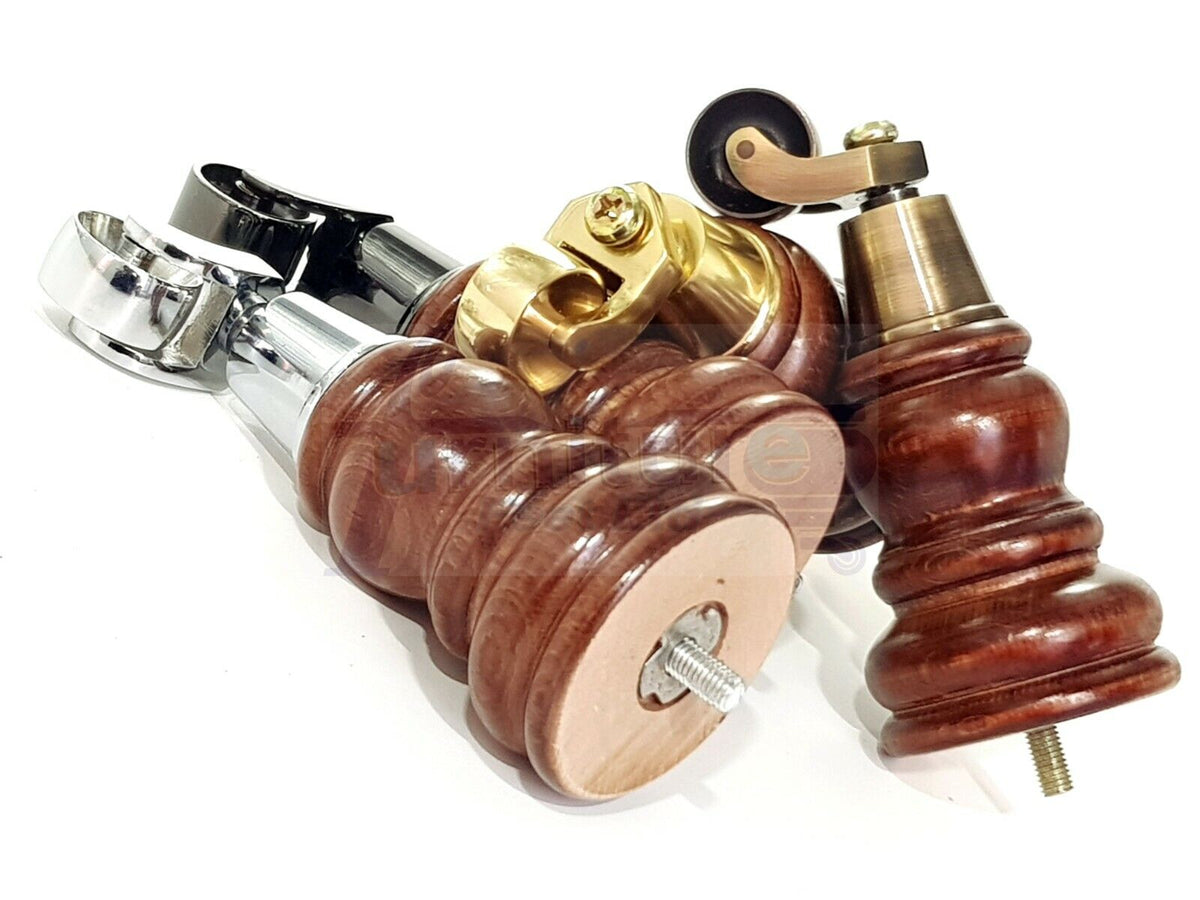 4 Turned Solid Beech Wood Furniture Legs with Castor Replacement Sofa Feet 155mm High M10 Threaded Dowl Fix