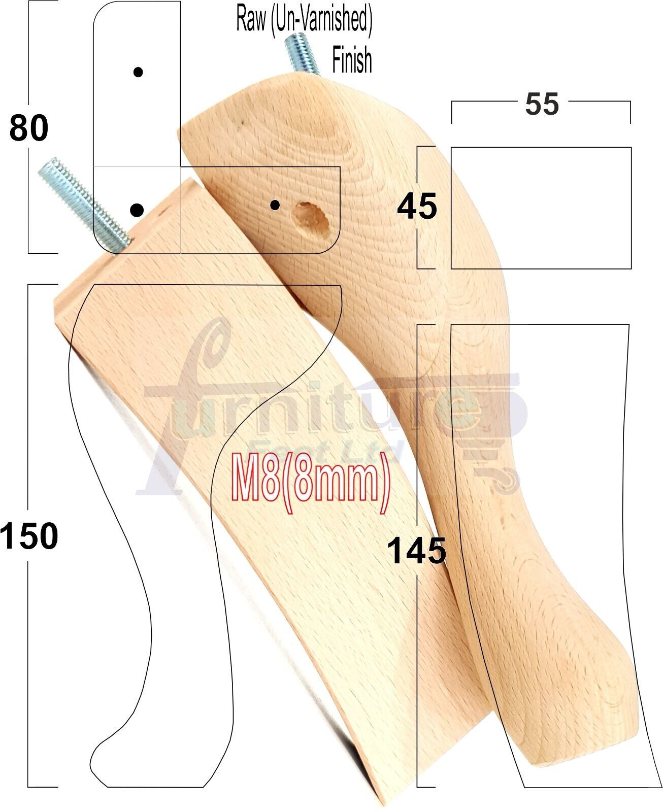 2x Vintage Queen Anne Replacement Furniture Legs & 2x Curved Back Feet 150mm 6 Inch High 8mm Thread