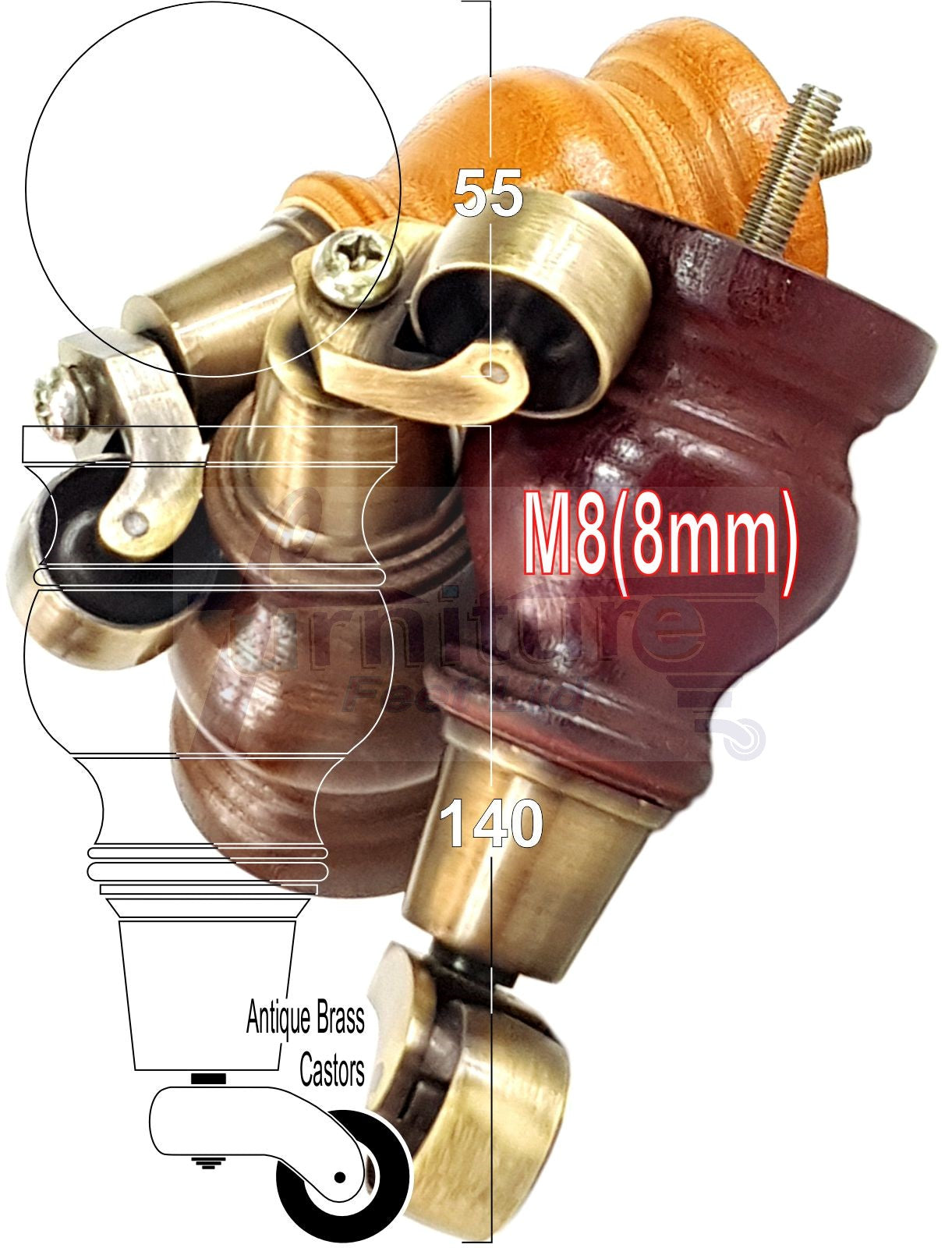 4x Turned Wood Furniture Legs With Antique Castor 150mm High M8 For Settees Chairs & Cabinets
