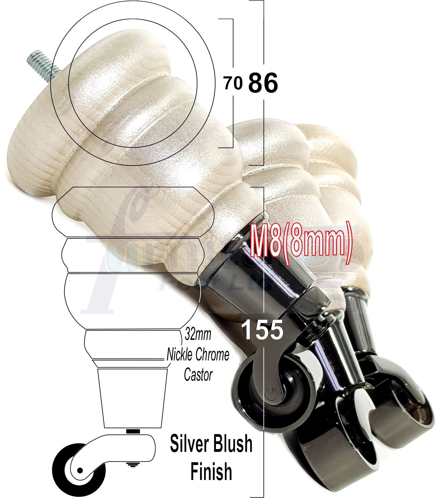 4 Turned Wood Furniture Feet With Black Chrome Castors 155mm Legs Sofas Chairs Stools Cabinets Beds M8 6 Inches