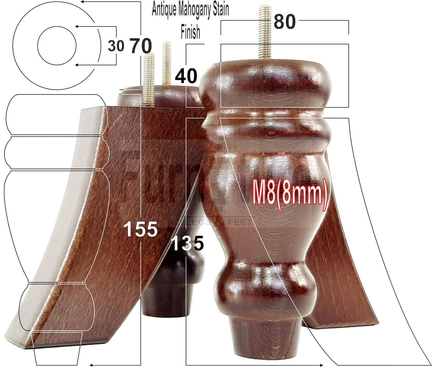 2x Turned Wood Furniture Feet 155mm and 2 Curved Back Legs Sofas Chairs Beds M8 Thread 6 Inches