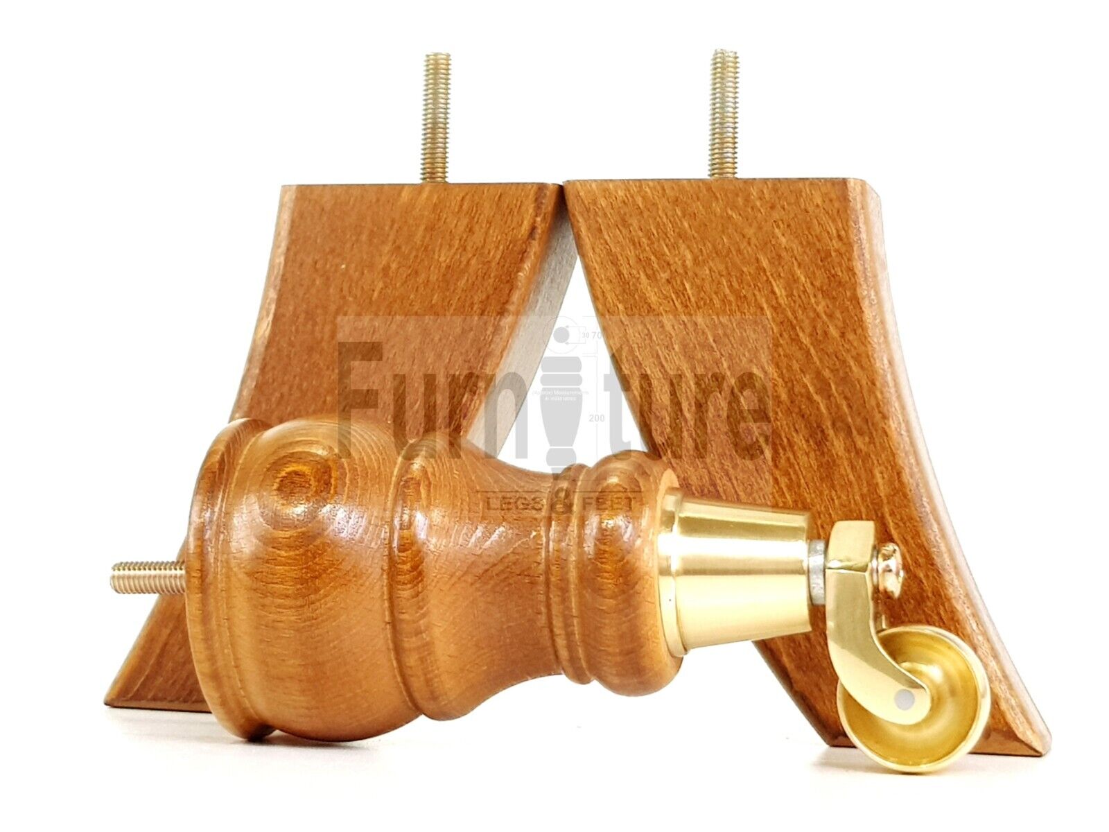 2 Wooden Castor Furniture Sofa Legs & 2 Curved Back Feet  Dark Oak Stain M8 Chair Settee Feet 160mm High