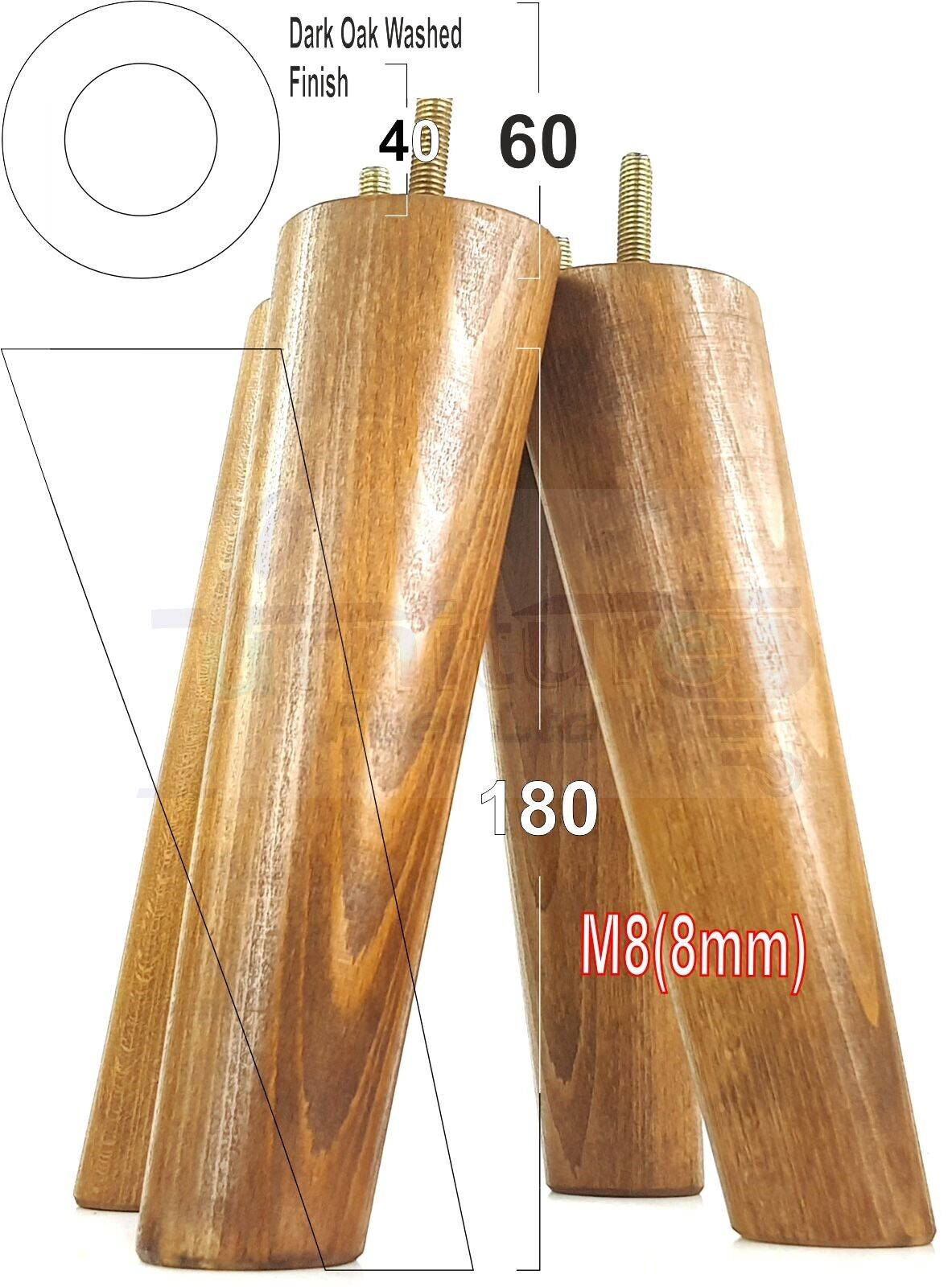 4 Solid Wood Turned Furniture Feet Replacement Mid Centry Angled Retro Legs 180mm High M8 Sofa Chairs Stools Cabinets Beds