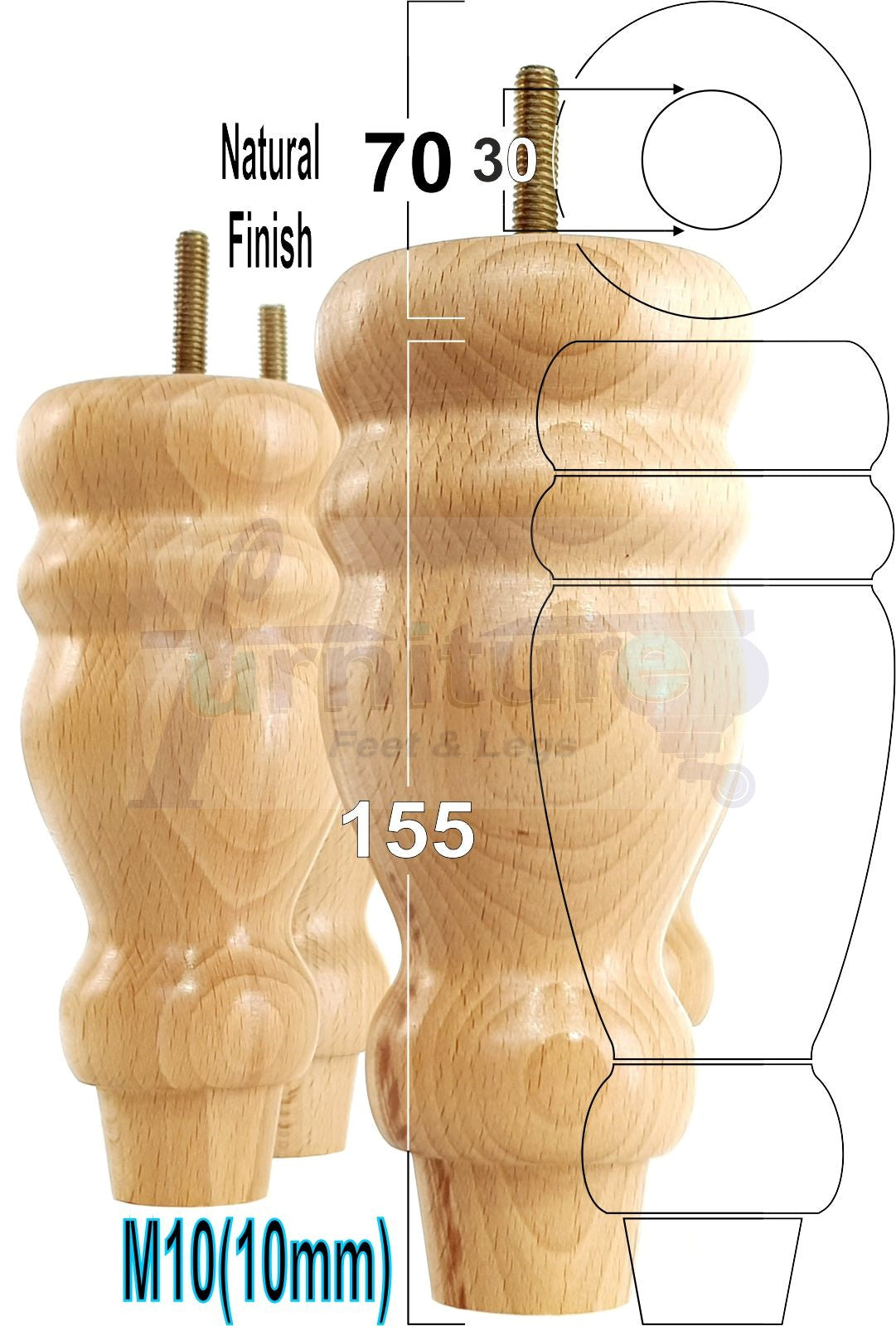 Set Of 4 Turned Wood Furniture Legs Replacement Sofa, Chair Feet 155mm High M10 Tread