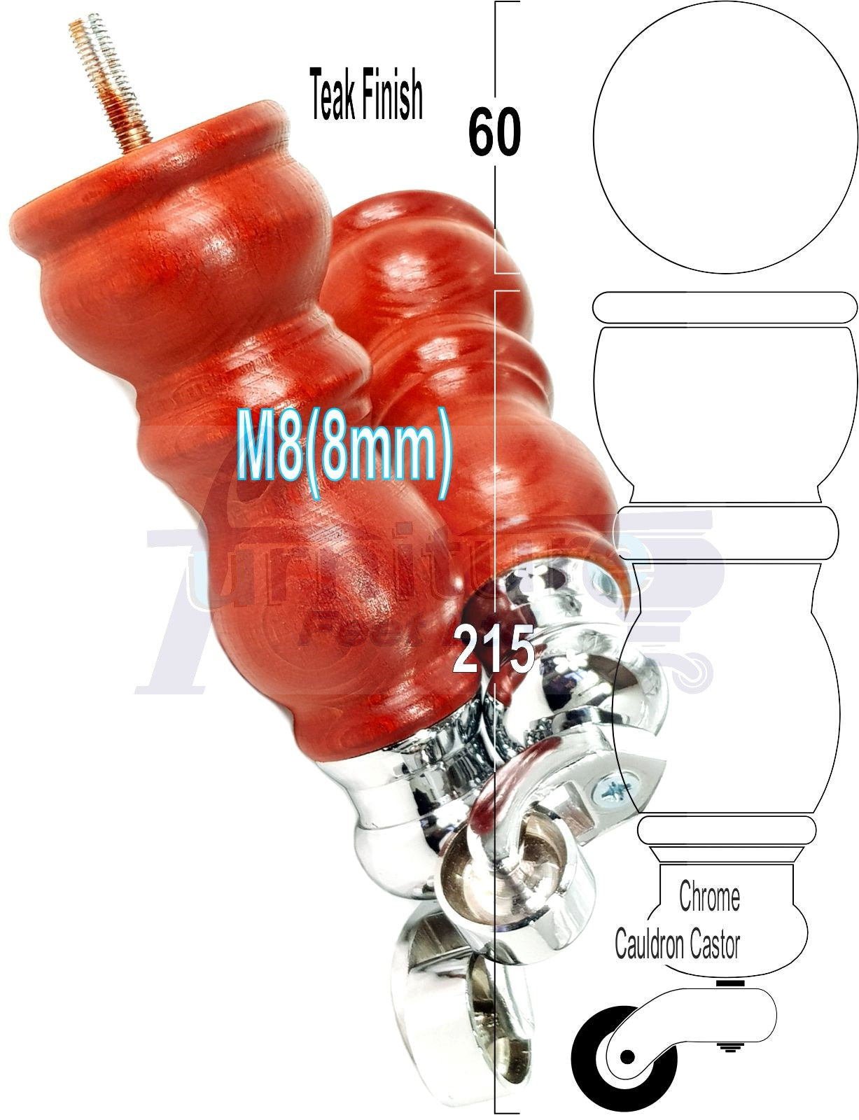 Solid Wood Furniture Feet With Castors Set of 4 Legs 205mm High For Sofas Chairs Stools Cabinets & Beds M8