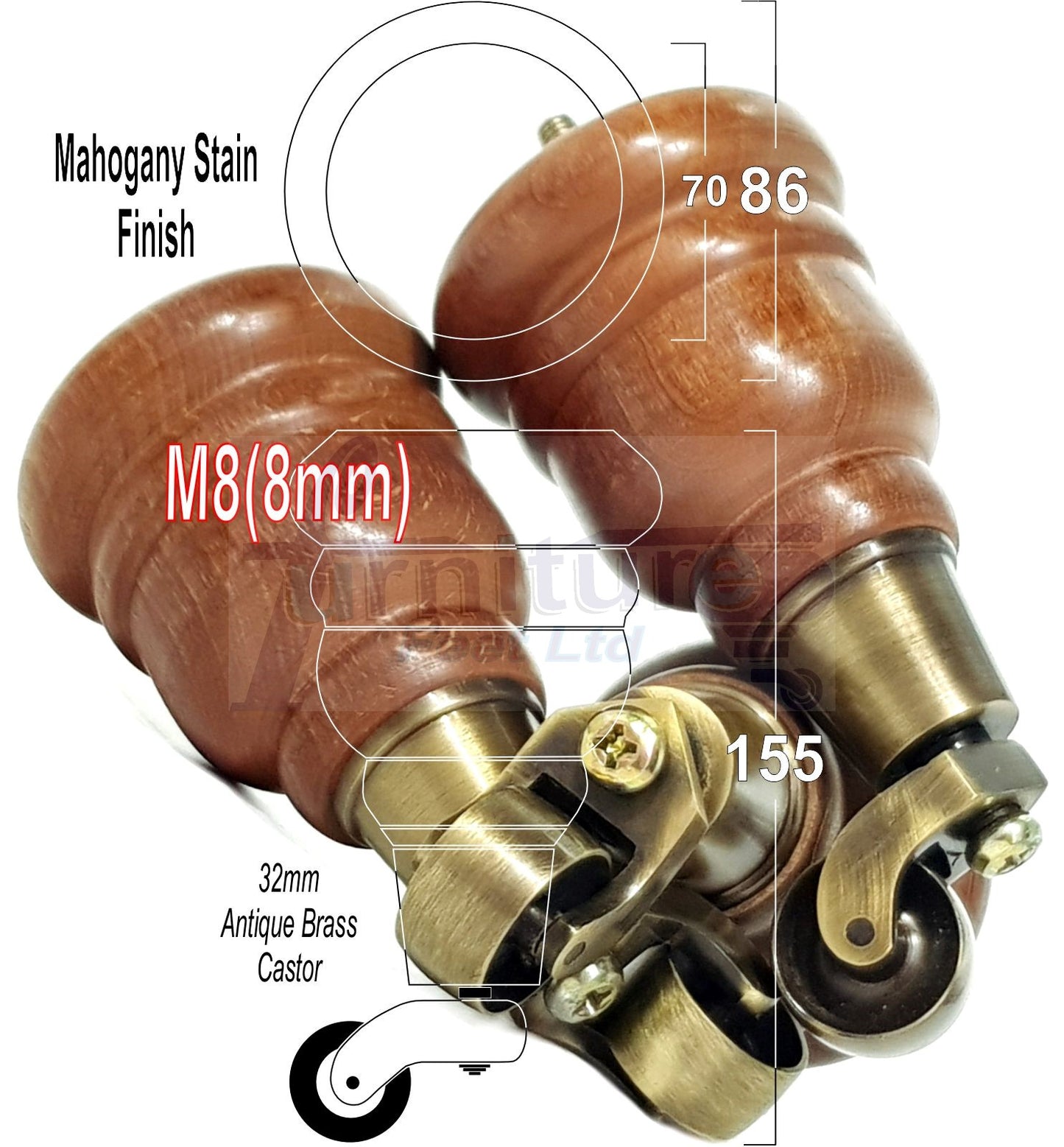 4 Turned Wood Furniture Feet With Antique Brass Castors 155mm Legs Sofas Chairs Stools Cabinets Beds M8 6 Inches