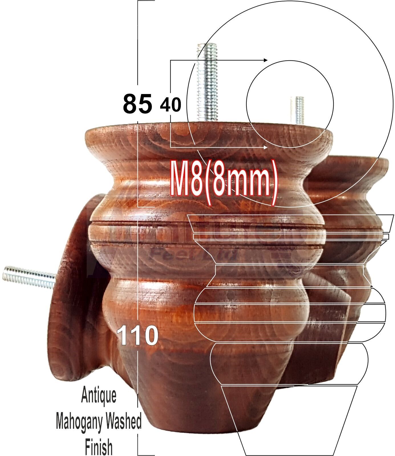 4x Turned Wood Furniture Legs Replacement Feet 110mm High Multiple Colours Chairs Stools Sofa's Beds Settee Cabinets M8