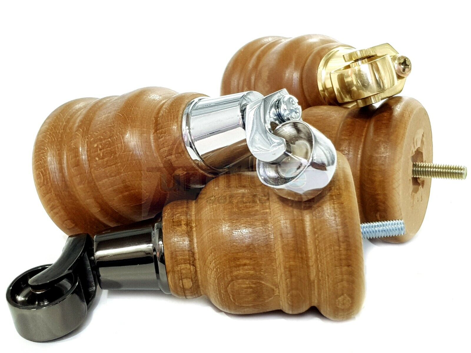 4 Turned Dark Oak Stain Wood Furniture Feet With Castors 155mm Legs Sofas Chairs Stools Cabinets Beds M8 6 Inches	