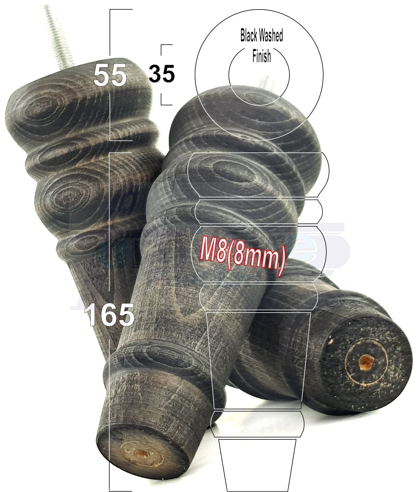 4 Wood Turned Furniture Legs Replacement Bun Feet 165mm High Multiple Colours 6.5 Inches Chairs Stools Sofa's Beds Settee Cabinets M8