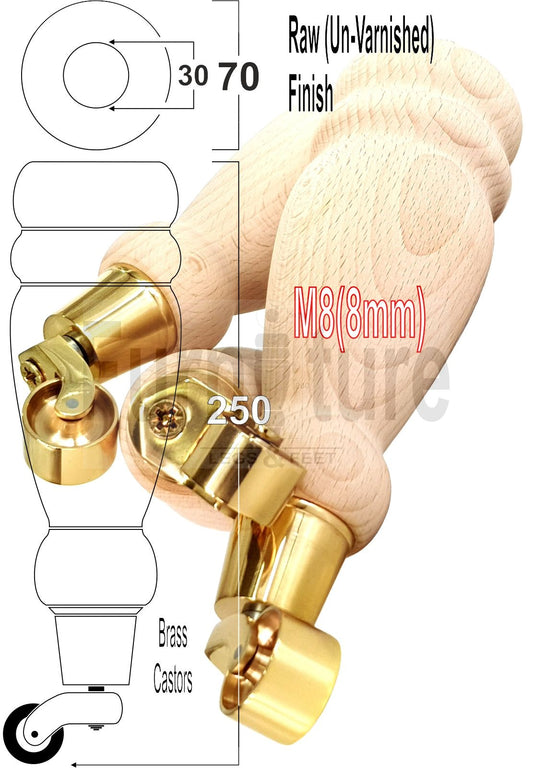 Set Of 4 Wooden Turned Replacement Furniture Legs 250mm High With Brass Castor Wheels 8mm Thread