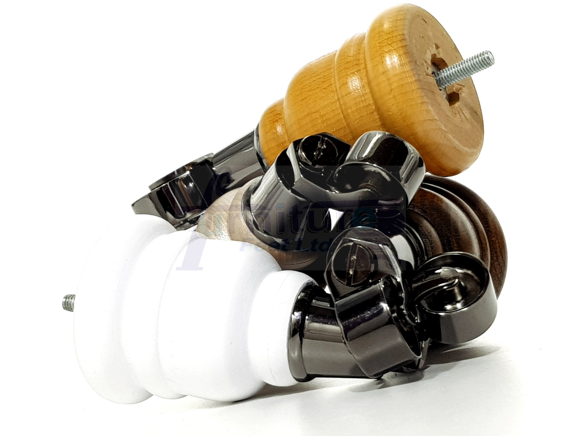 4 Turned Wood Furniture Feet With Black Chrome Castors 155mm Legs Sofas Chairs Stools Cabinets Beds M8 6 Inches