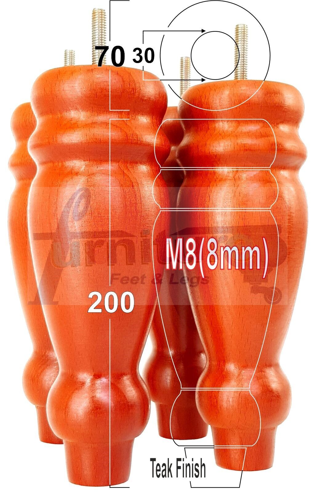 Set Of 4 Turned Furniture Legs Replacement Sofa Feet 200mm High M8 Thread