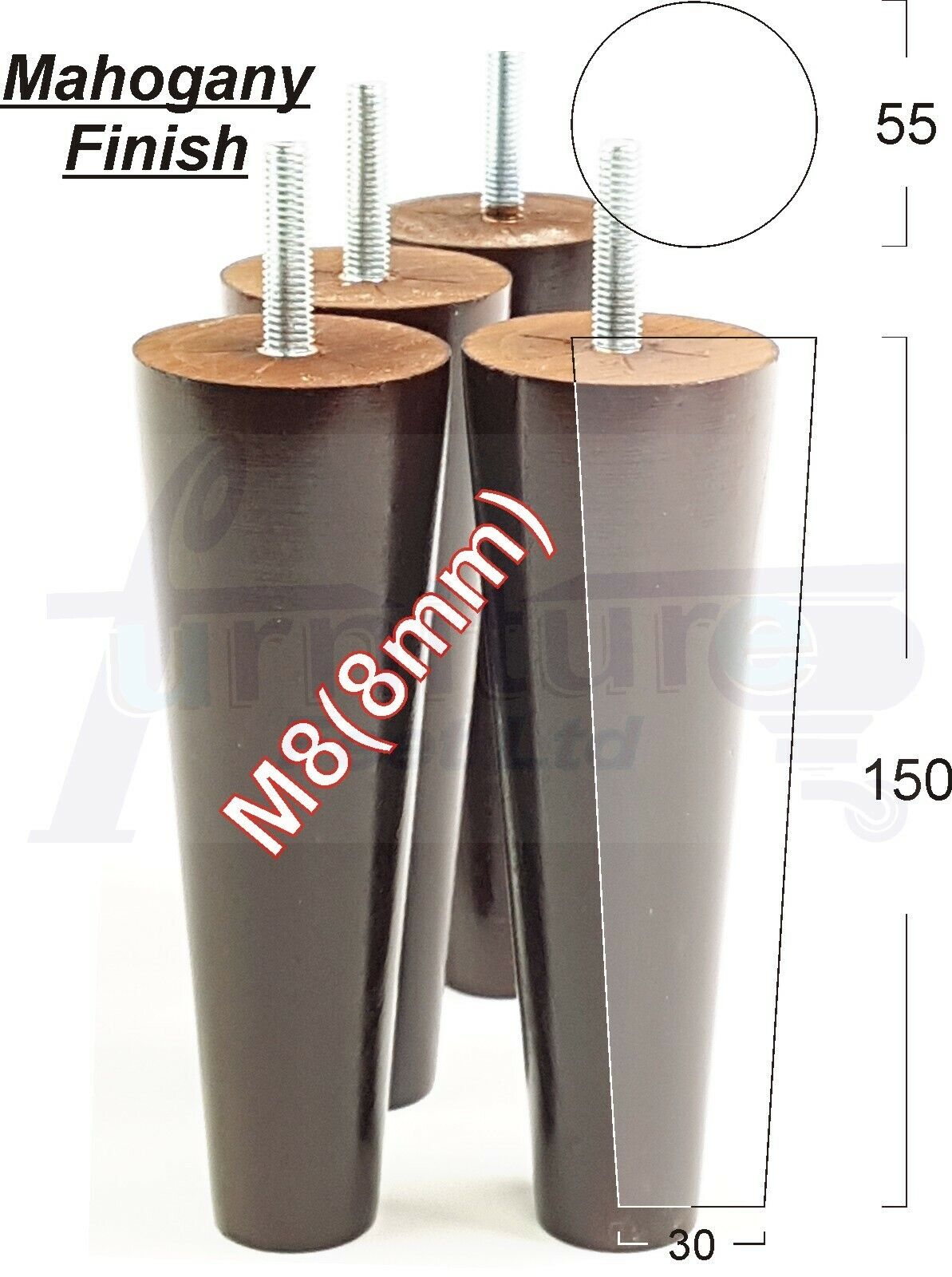 Modern Turned Solid Wood Furniture Feet 150mm High Mid Century Retro Tapered Replacement Legs M8 Set of 4 Sofa Chairs Stools Cabinets Beds
