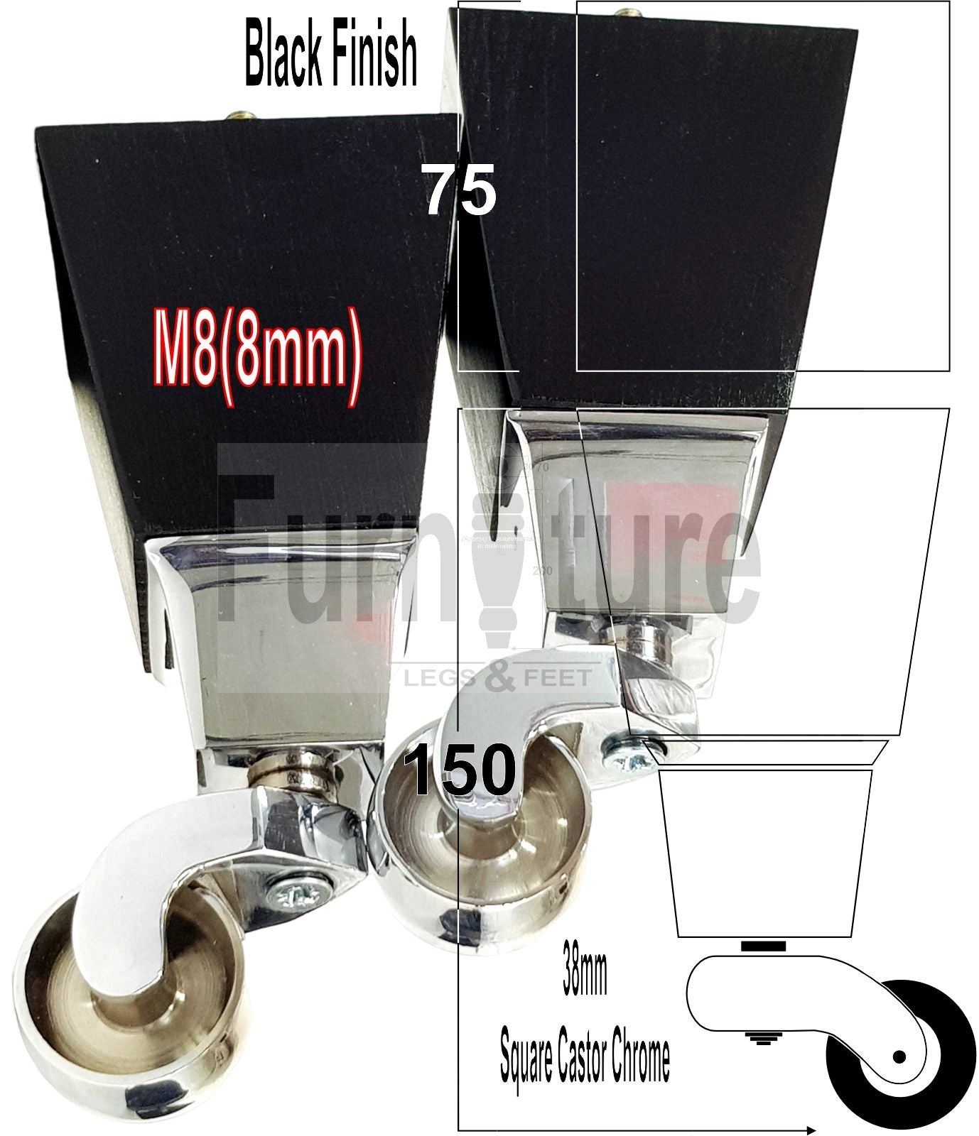 4x Block Wood With Castor Furniture Legs 8mm Thread For Chairs Settees Sofa 150mm