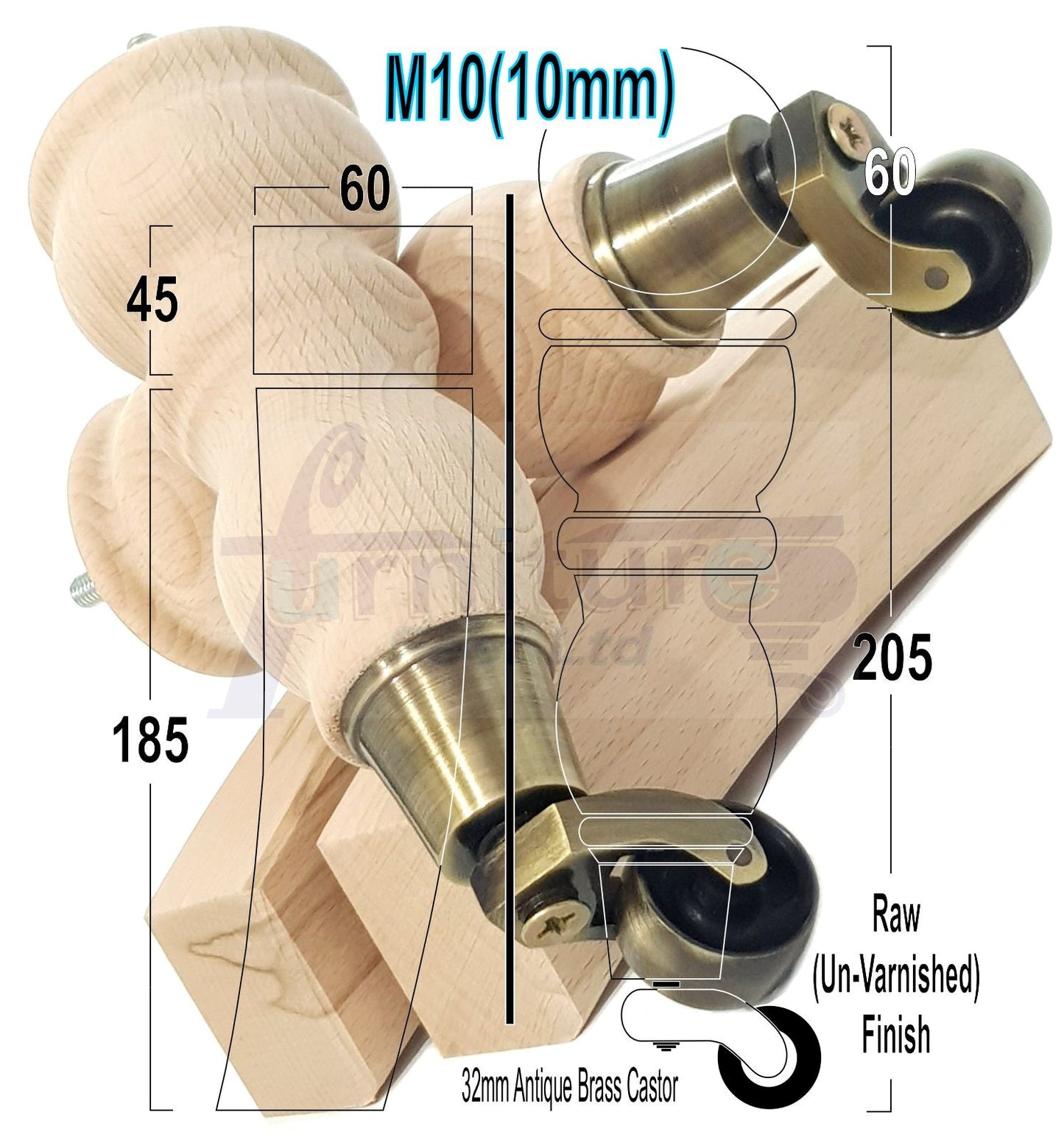 2x Wood Furniture Castor Settee Feet & 2x Curved Legs 10mm Thread 205mm High Raw (Un-Varnished) For Sofas Chairs Stools Cabinets & Beds