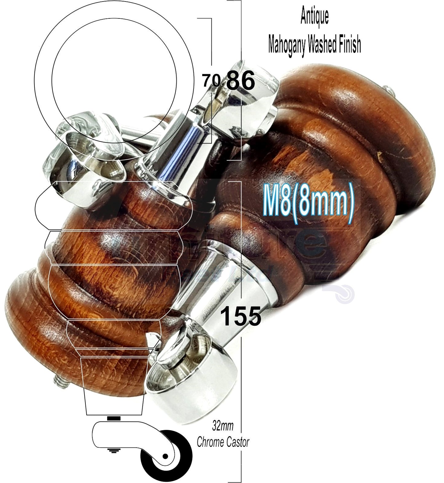 4 Turned Wood Furniture Feet With Chrome Castors 155mm Legs Sofas Chairs Stools Cabinets Beds M8 6 Inches