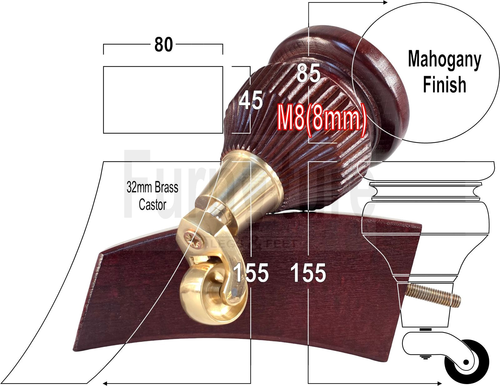 Solid Wood Furniture Replacement Legs 6 Inches with Castors and Back Feet 155mm High M8 Dowl Fixing - Mahogany Finish