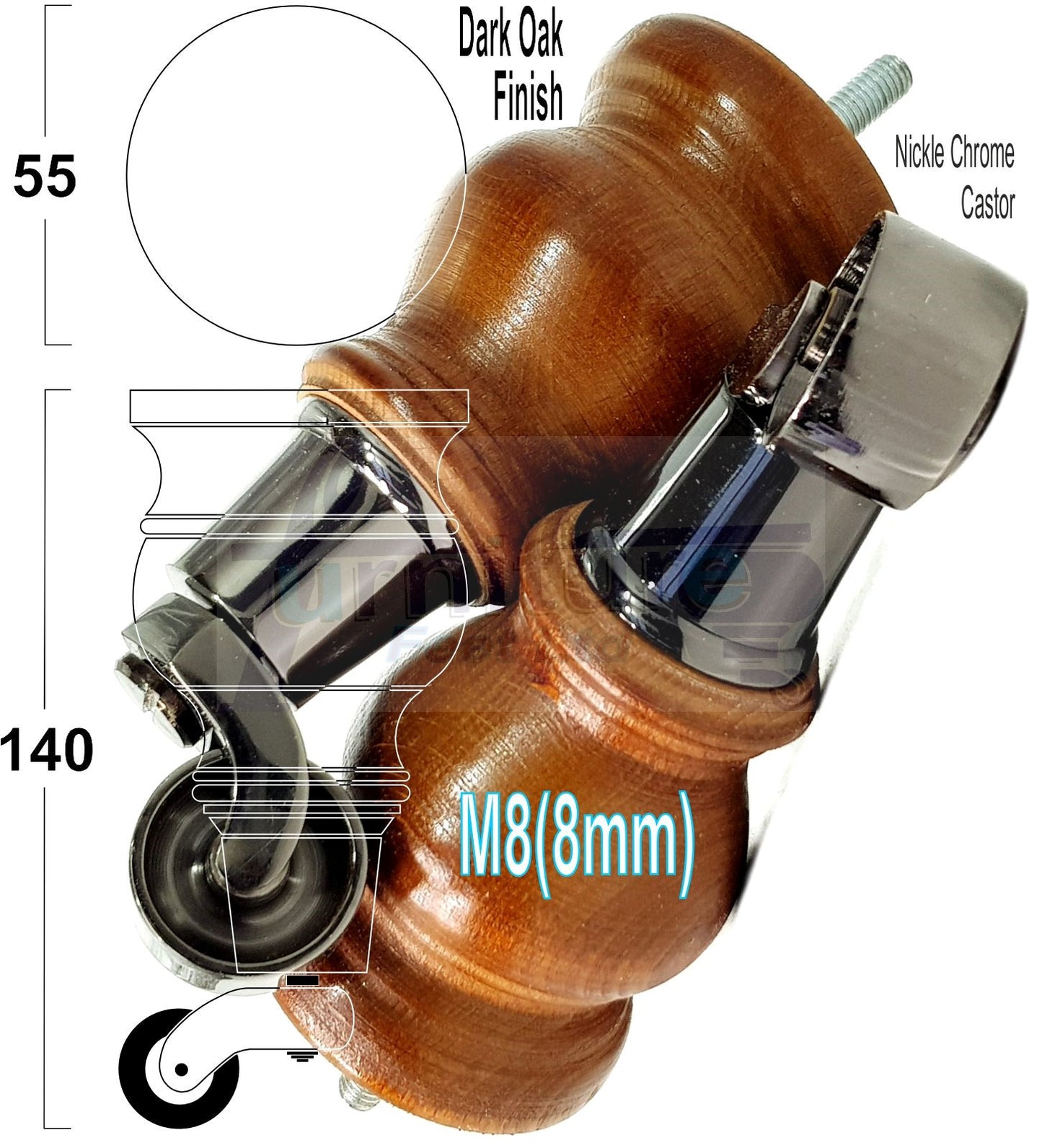 Set Of 4 Turned Wood Furniture Legs With 150mm High Castor 8mm Thread For Chairs Settees & Cabinets Dark Oak Finish