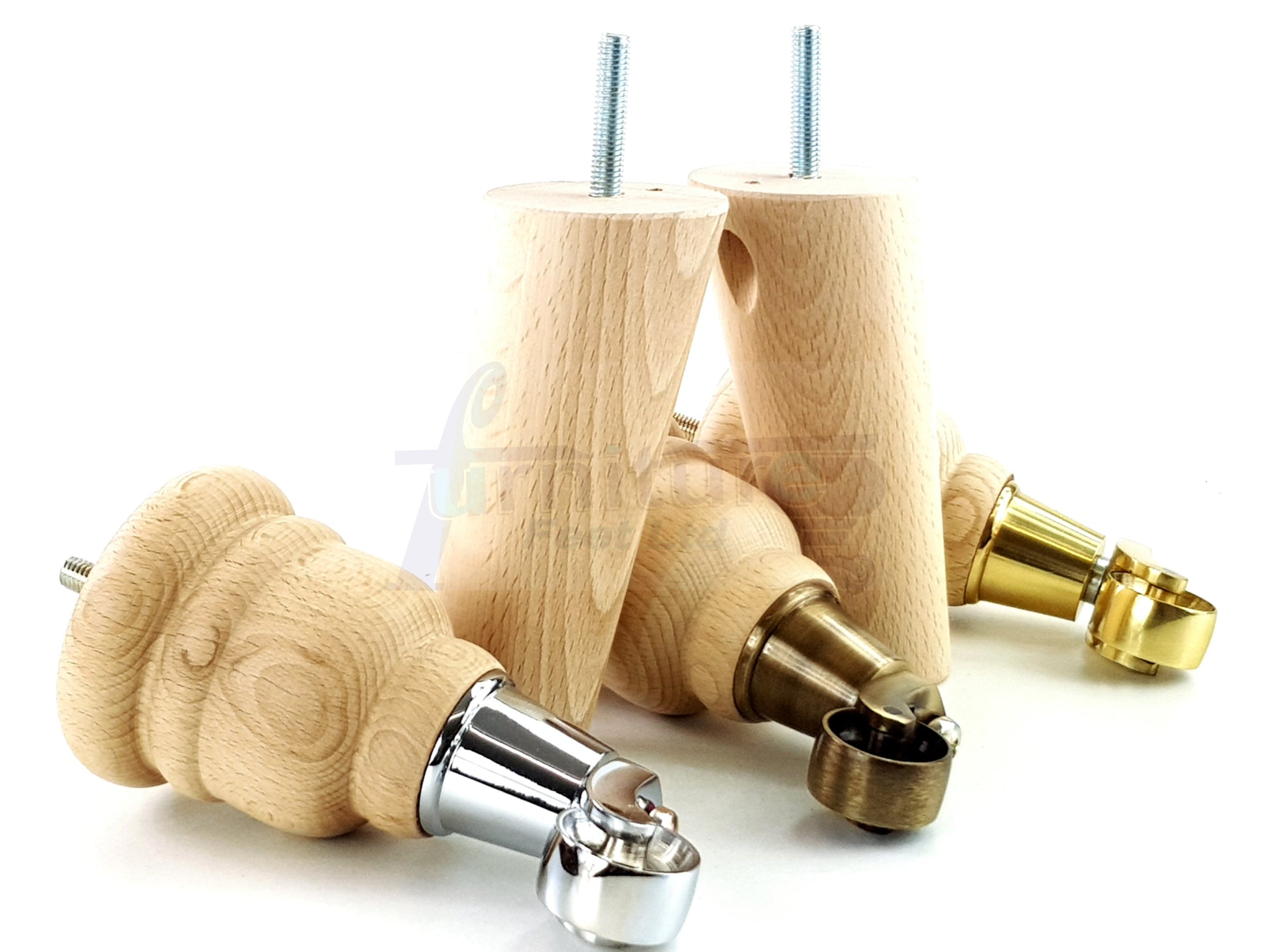 Turned Raw Solid Wood Replacement Furniture Legs 2x with Castors and 2x Curved Back Feet 8mm Dowl Fixing 6 Inches 165mm High