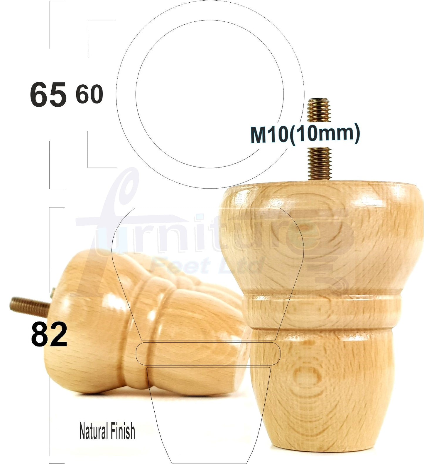 4x Turned Wood Repacement Furniture Legs M10 Thread Sofa Chair Settee Feet 82mm