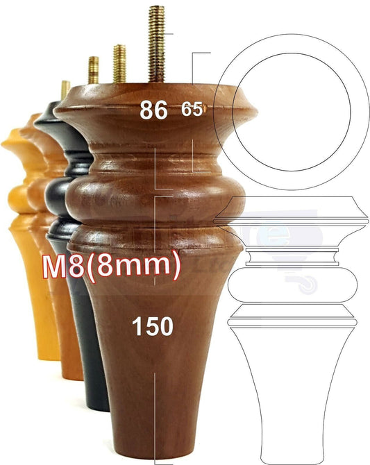 4x Turned Furniture Legs 150mm High M8(8mm) Replacement Feet