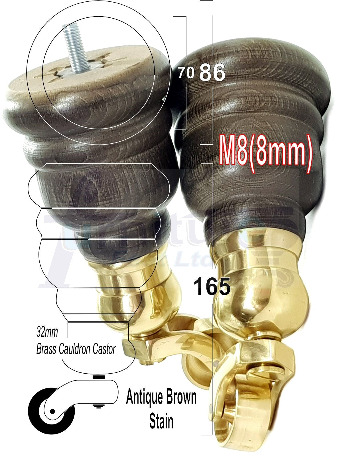Solid Wood Furniture Legs With Castors Set of 4 Antique Brown Stain 6 Inch Feet 160mm High M8 
