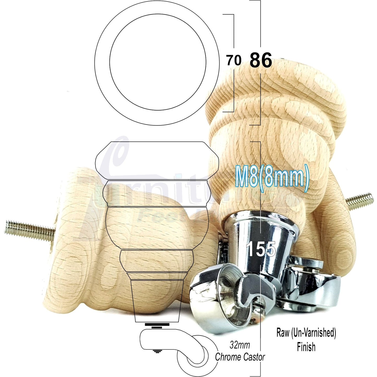 4 Turned Wood Furniture Feet With Chrome Castors 155mm Legs Sofas Chairs Stools Cabinets Beds M8 6 Inches