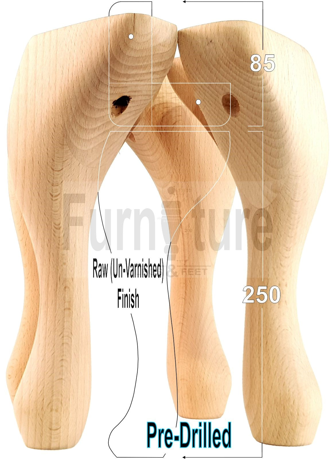 4 Wooden Traditional Queen Anne Furniture Legs 250mm Sofa Chair Beds (Self-Fix)