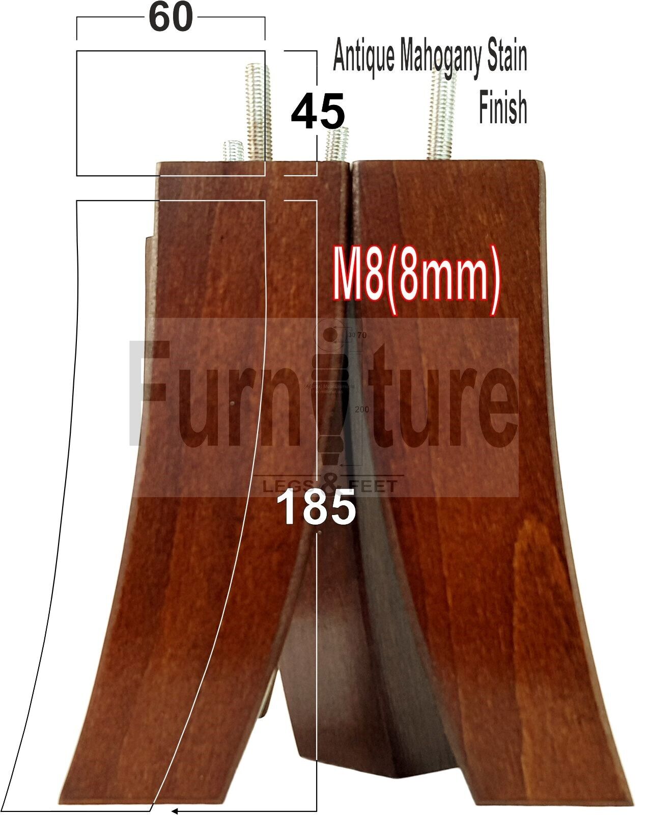 Set Of 4 Solid Wood Curved Furniture Feet Replacement Legs 185mm High M8(8mm)